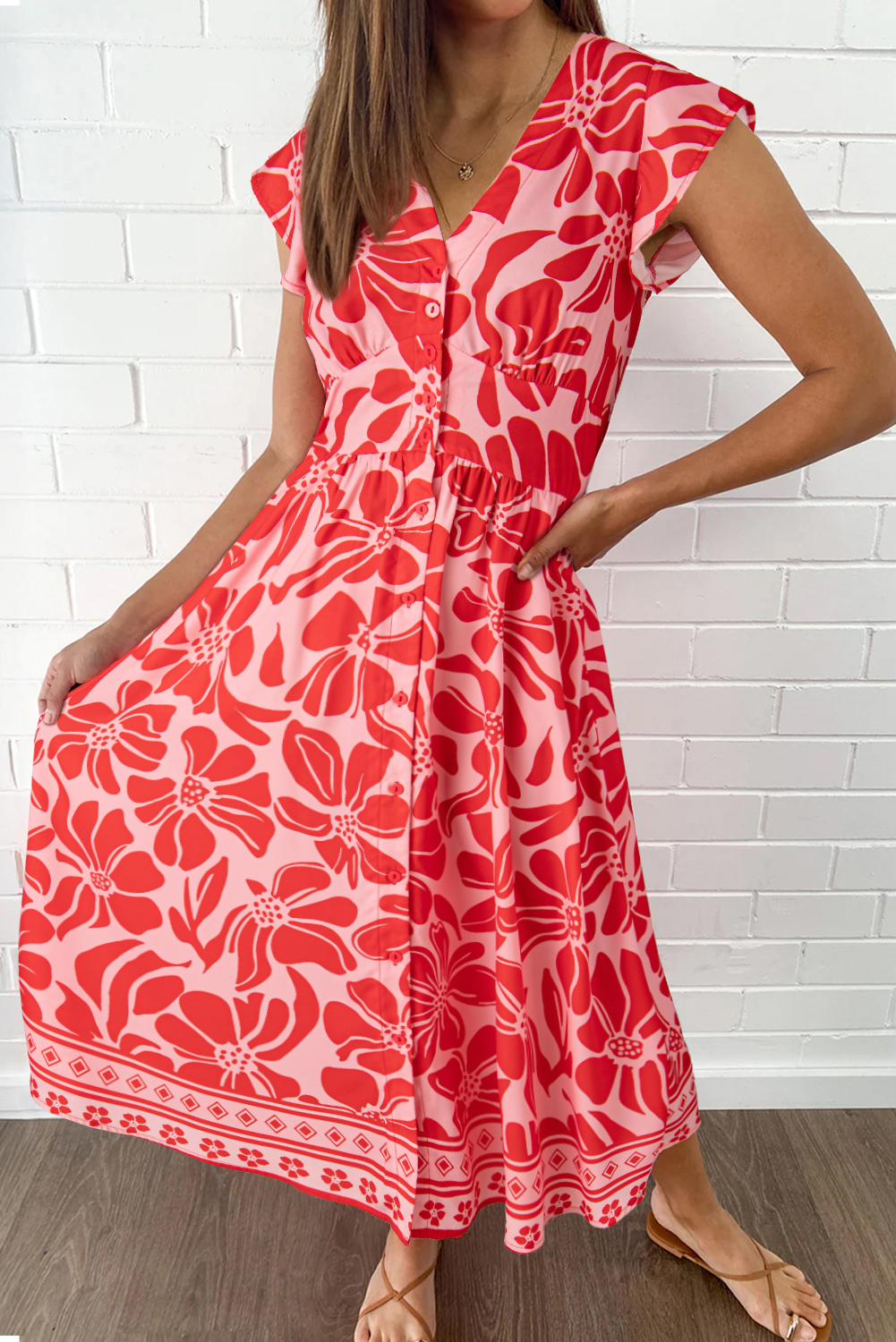 Red Boho Floral Short Sleeve V Neck Buttoned Shirred Waist Long Dress - loveforevers