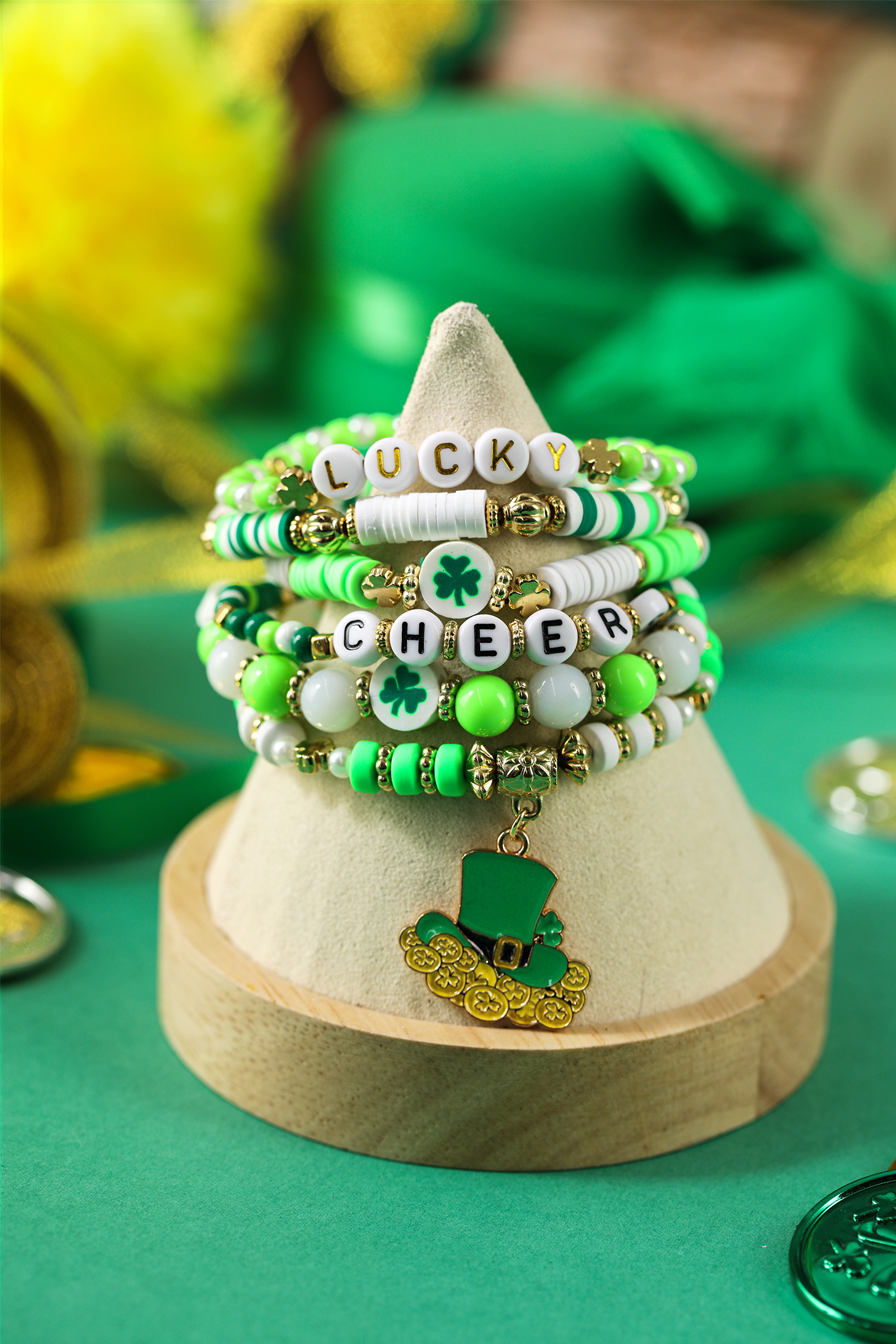 Green LUCKY CHEERS St Patricks Day Multilayered 6pcs Bracelet Set - loveforevers