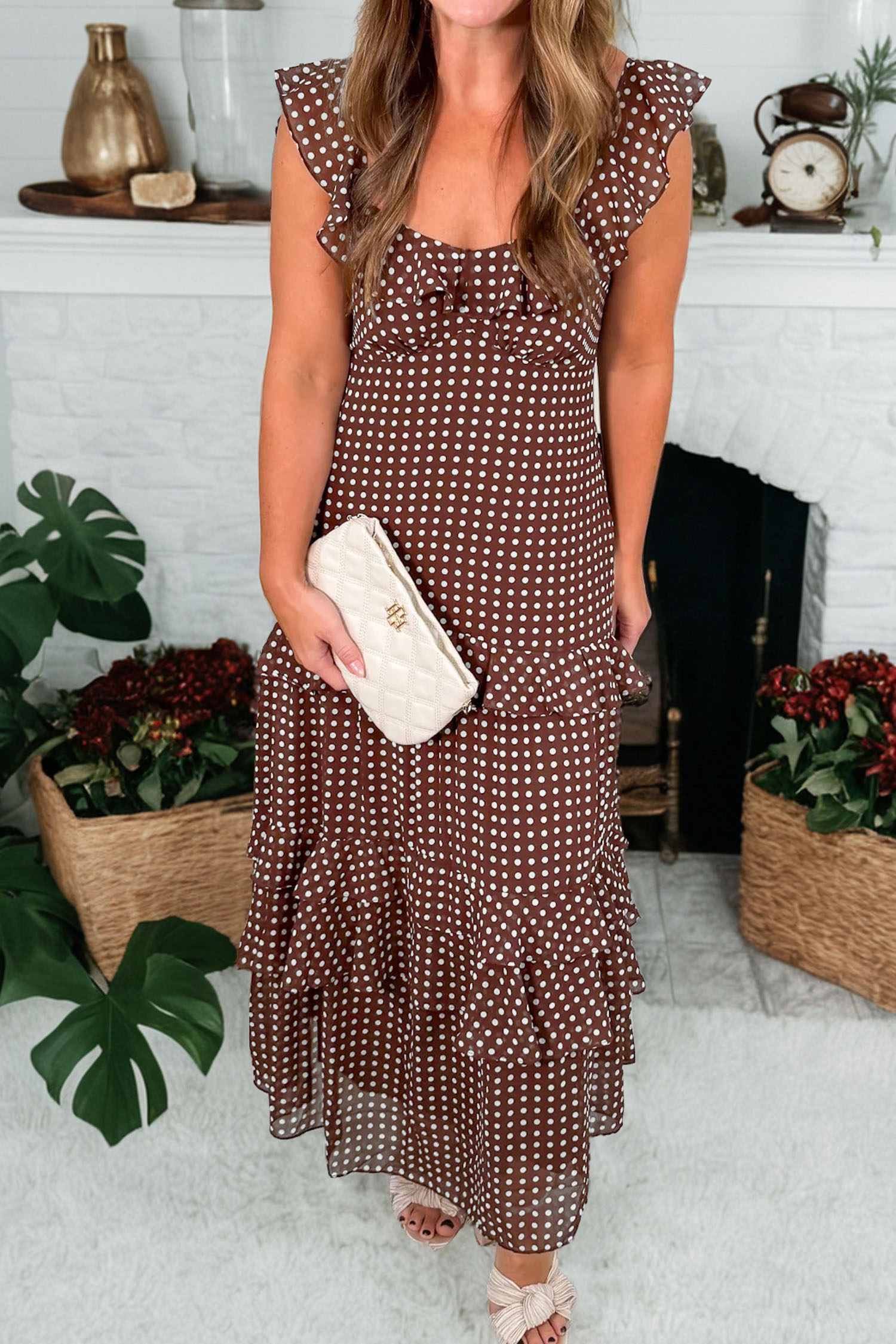 Coffee Polka Dot Print Backless Ruffled Tiered Maxi Dress - loveforevers