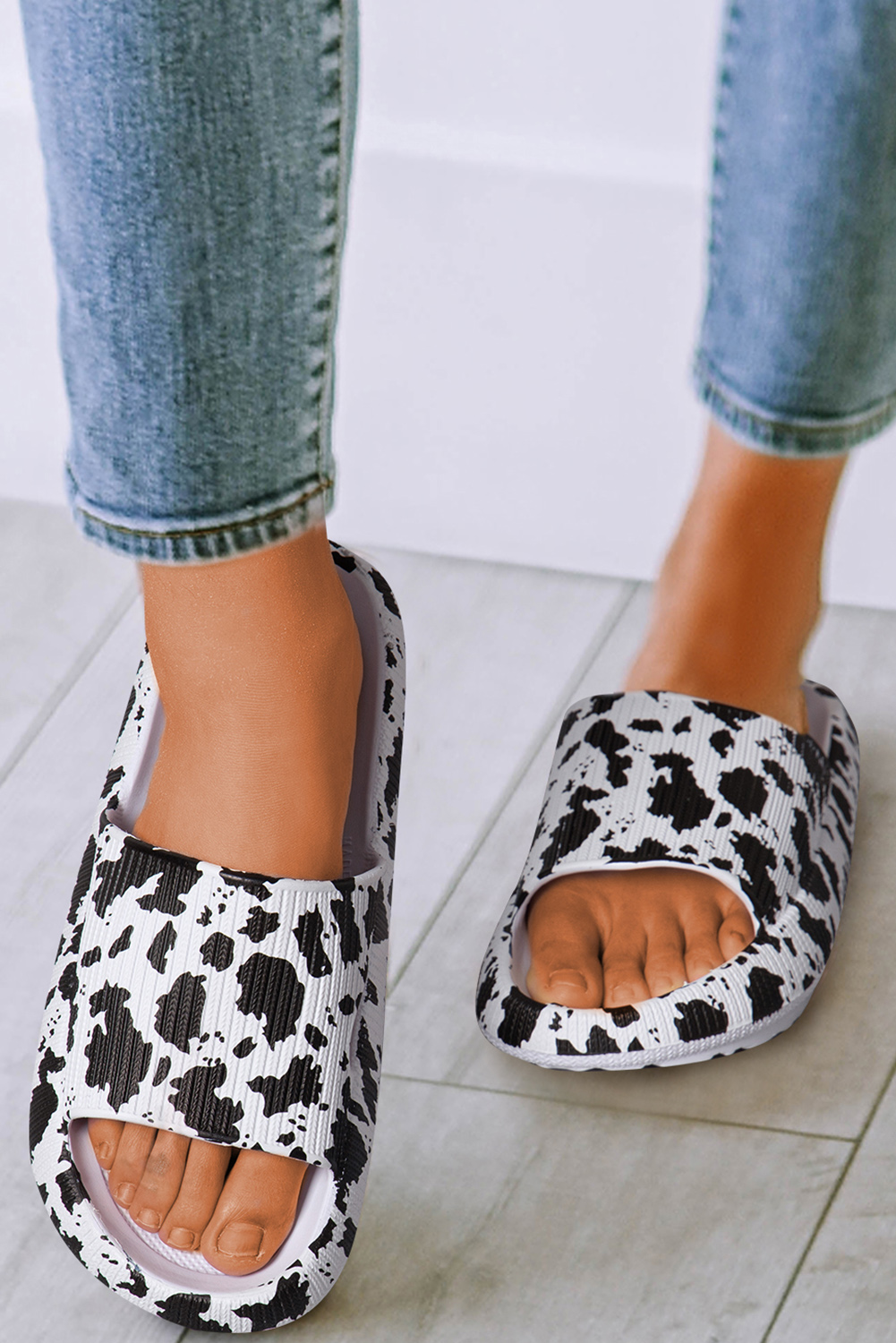 White Leopard Print Thick Sole Slip On Slippers - loveforevers