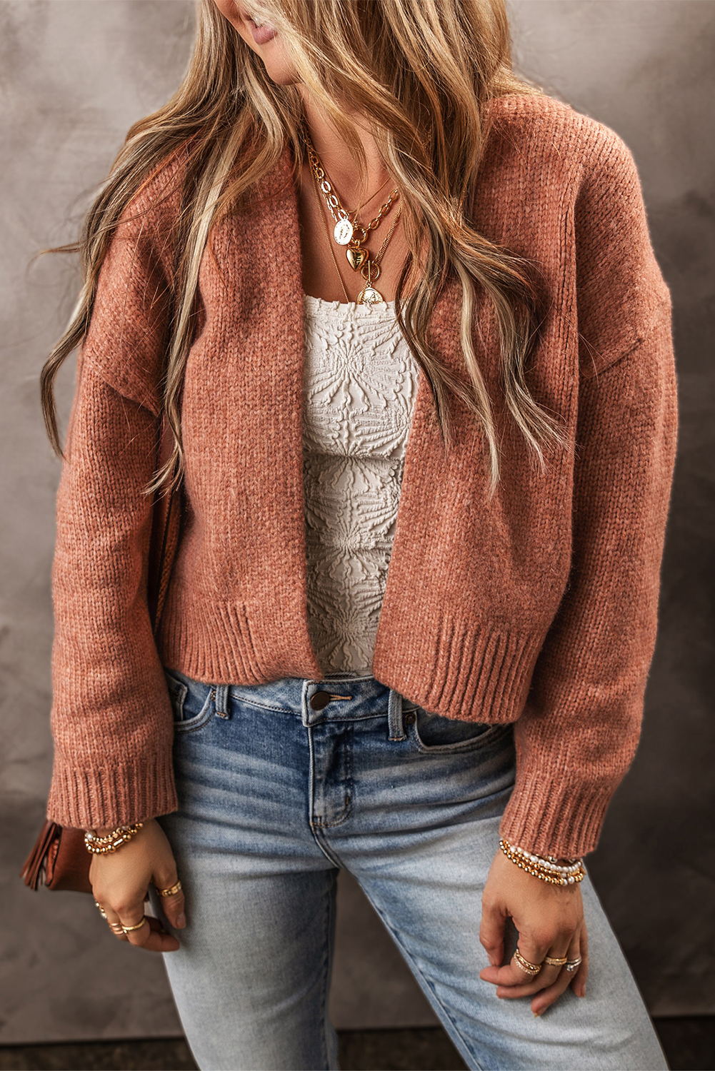 Light French Beige Drop Shoulder Open Front Cropped Cardigan - loveforevers