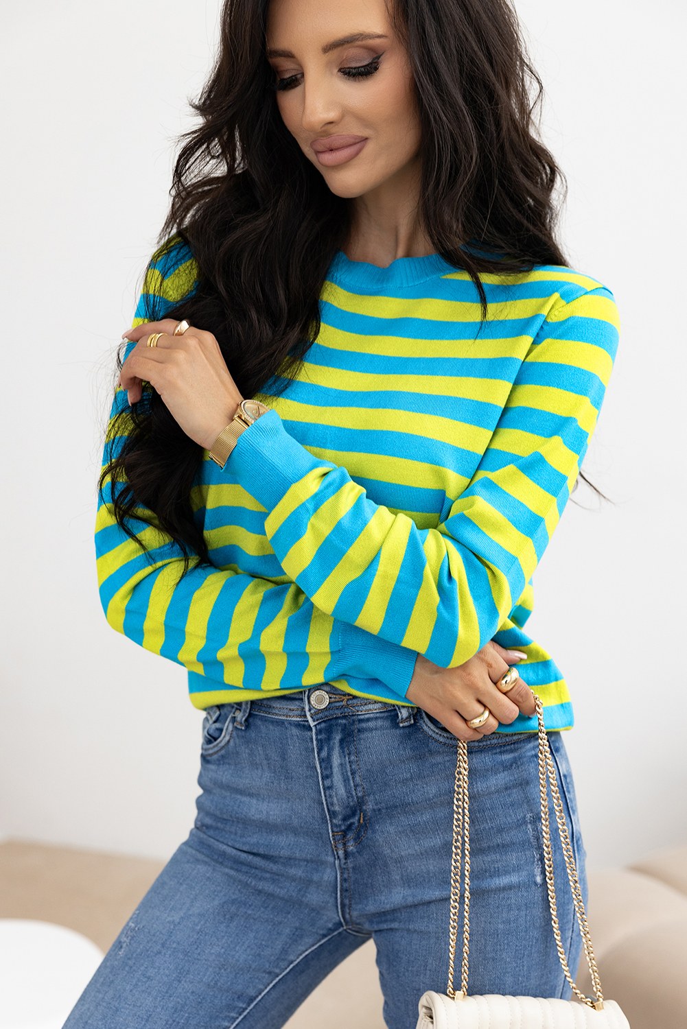 Green Stripe Crew Neck Drop Shoulder Casual Sweater - loveforevers