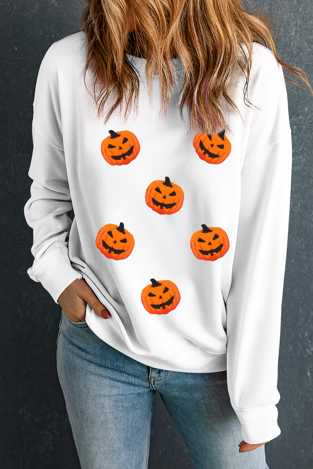 White Pumpkin Face Patched Pattern Halloween Crew Neck Sweatshirt - loveforevers