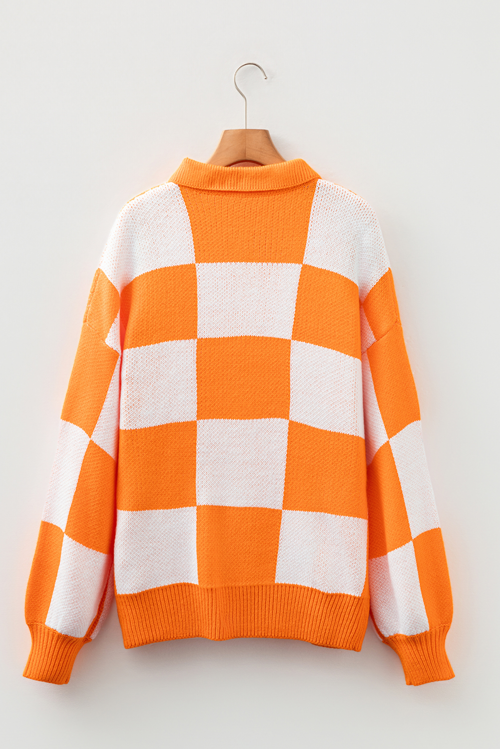 Mist Green Checkered Pattern Polo Collar Loose Sweater - loveforevers