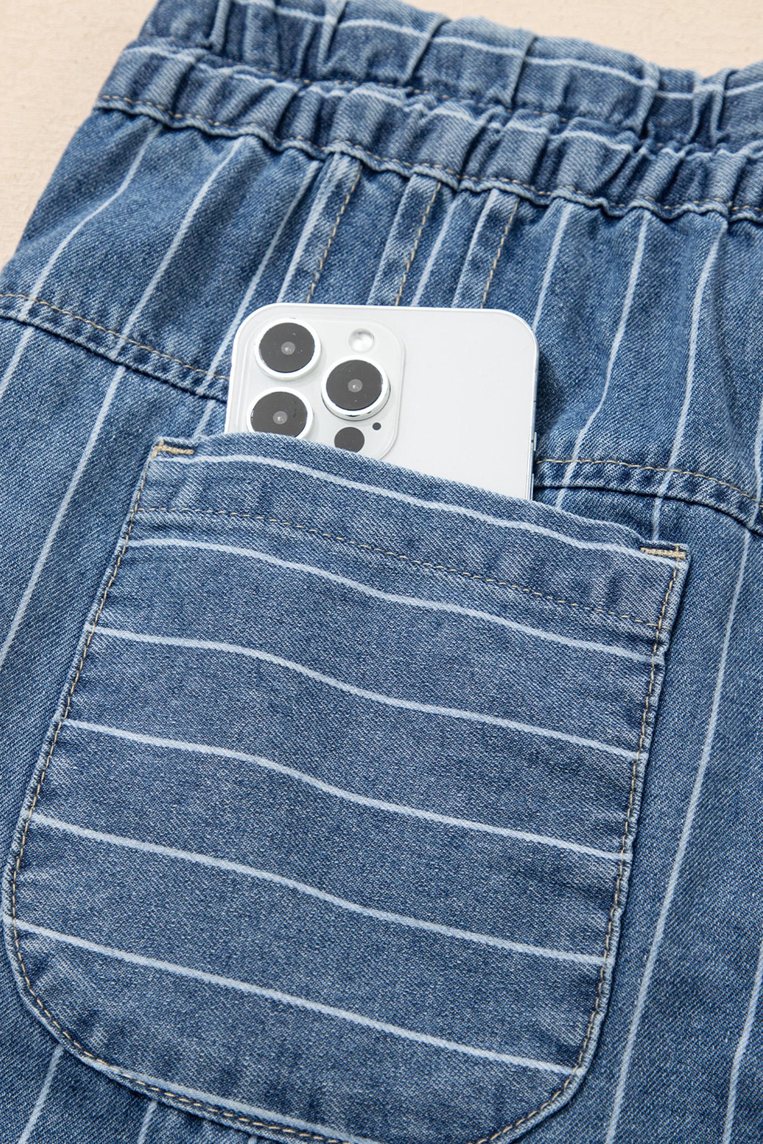 Sky Blue Stripe Button Pleated Drawstring Waist Casual Wide Leg Jeans - loveforevers