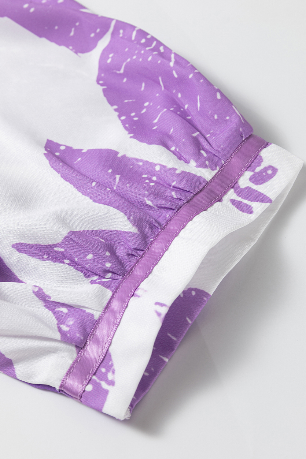 Purple Leafy Print 3/4 Sleeve Striped Trim Split Neck Blouse - loveforevers