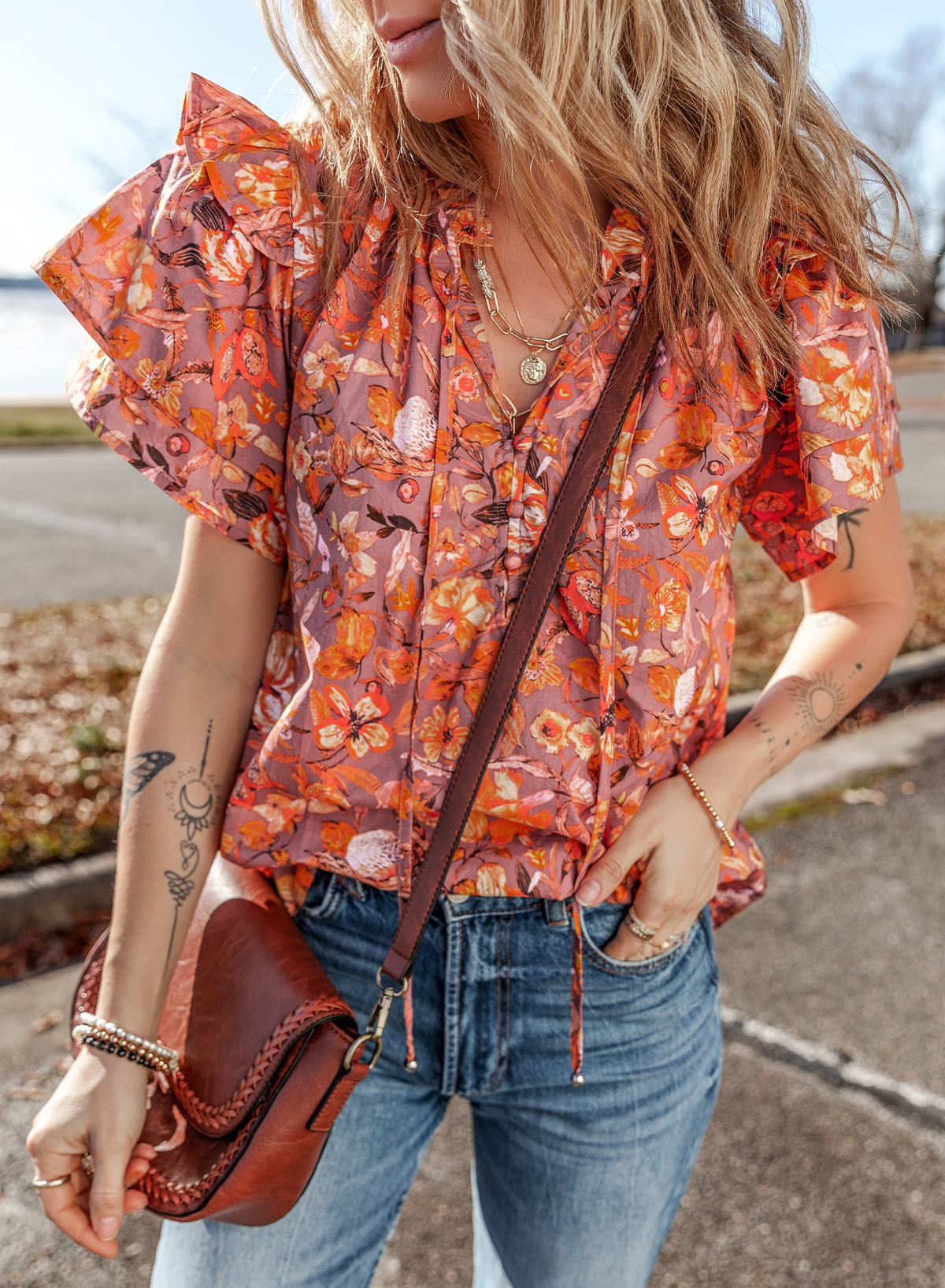 Orange Floral Print Ruffled Flutter Sleeve Frilled V Neck Blouse - loveforevers
