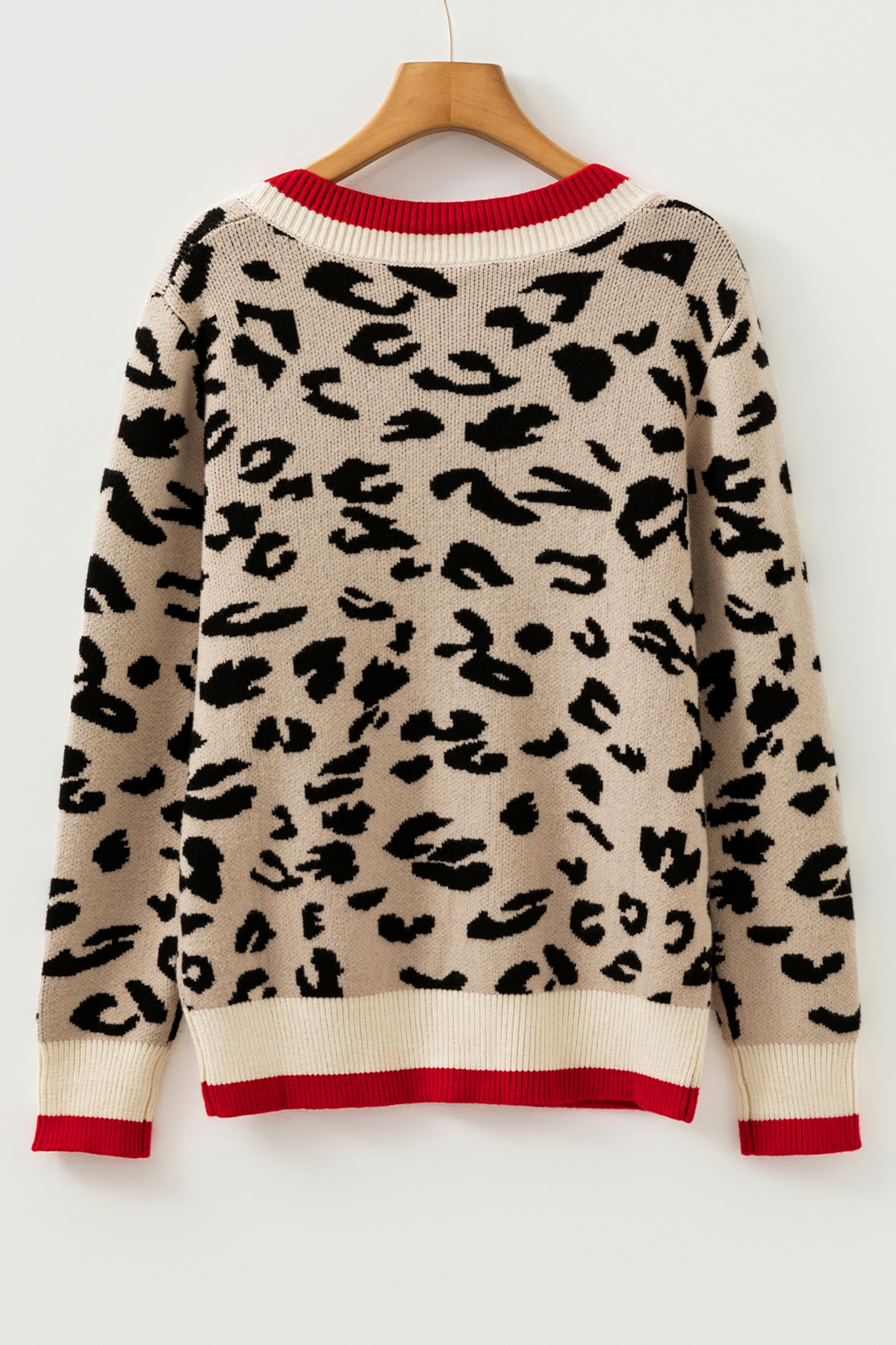 Khaki Leopard Pattern V-Neck Contrast Rib Knitted Sweater - loveforevers