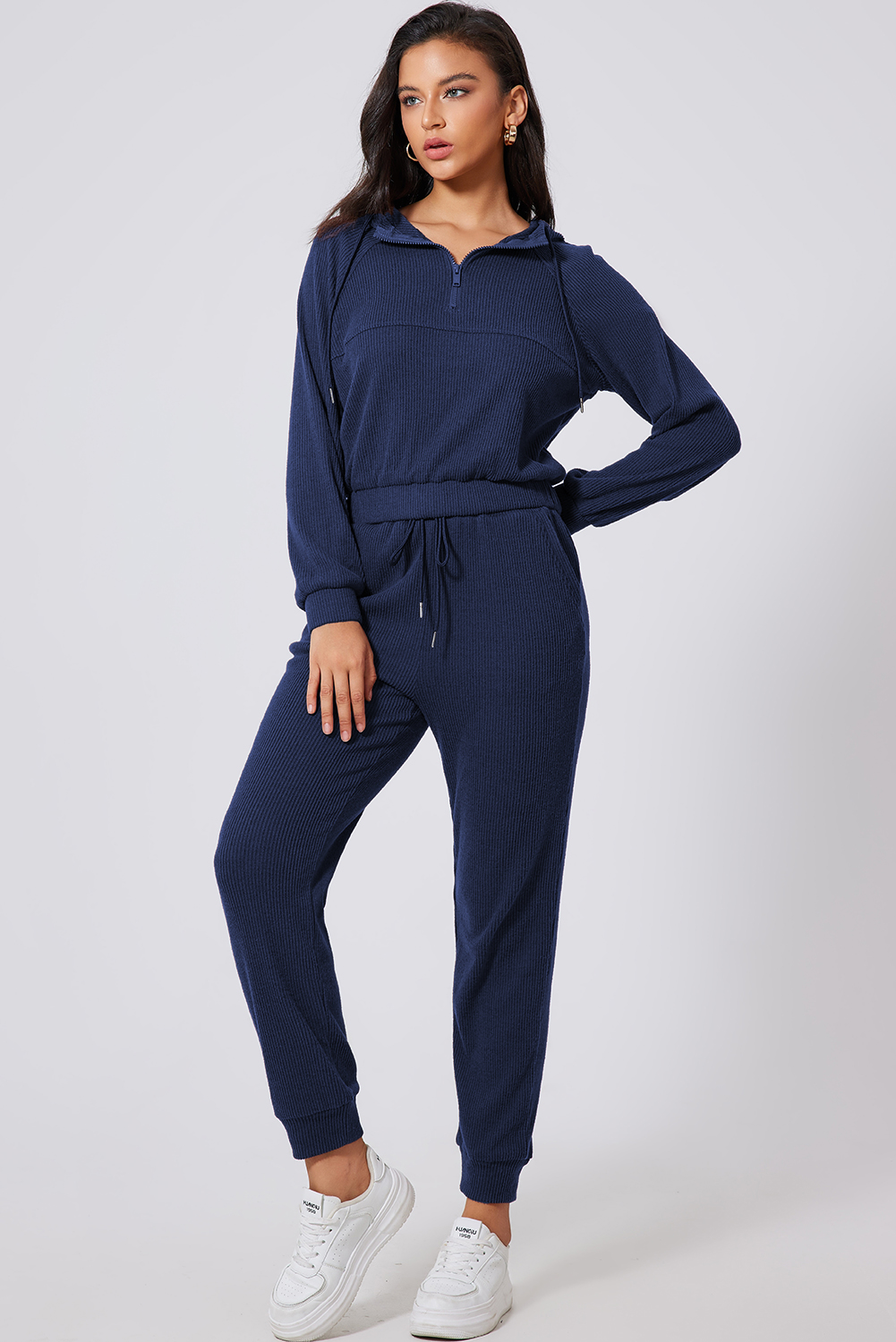 Navy Blue Ribbed Knit Cropped Hoodie and Drawstring Joggers Set - loveforevers