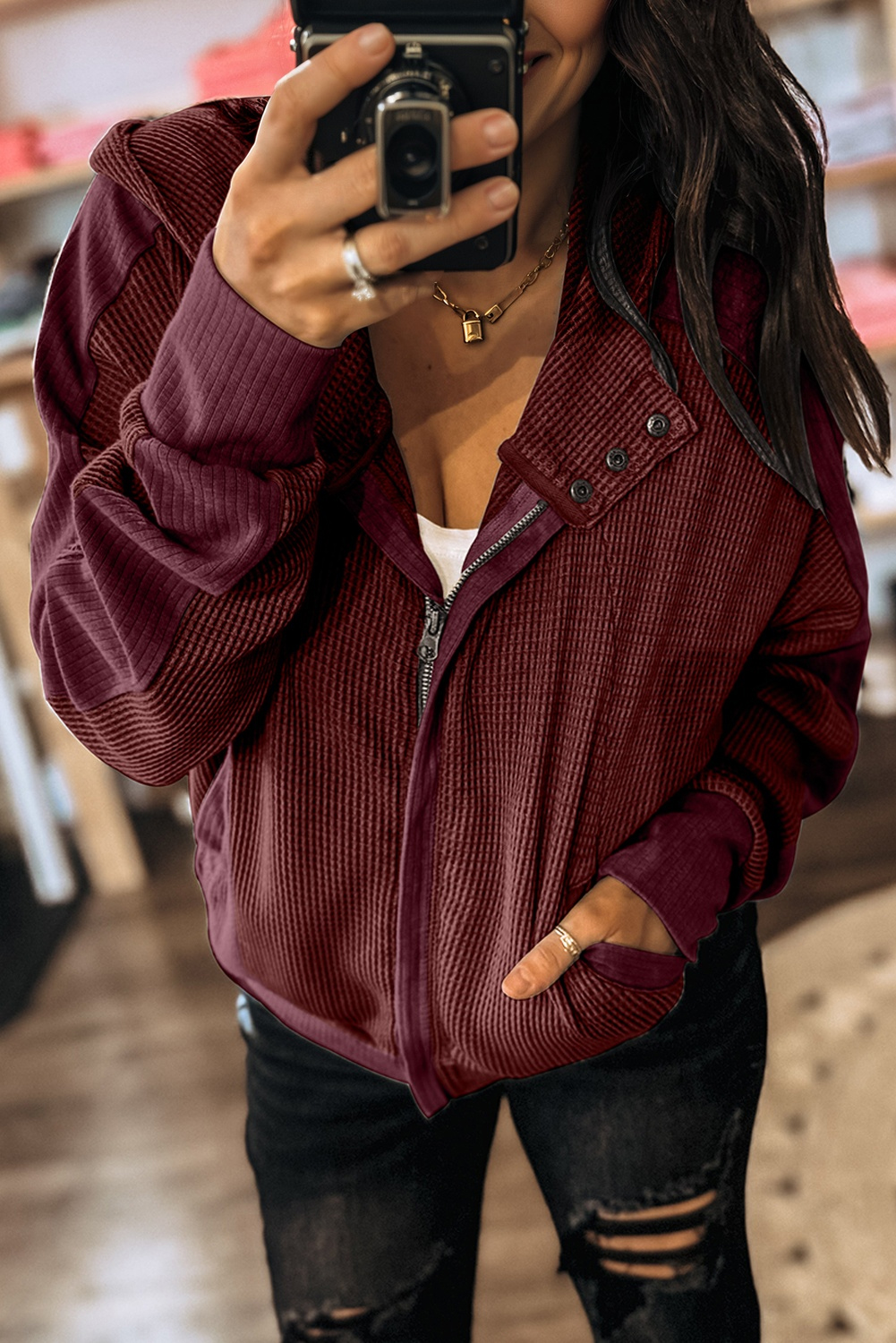 Burgundy Waffle Splicing Zip Up Front Button Hooded Jacket - loveforevers