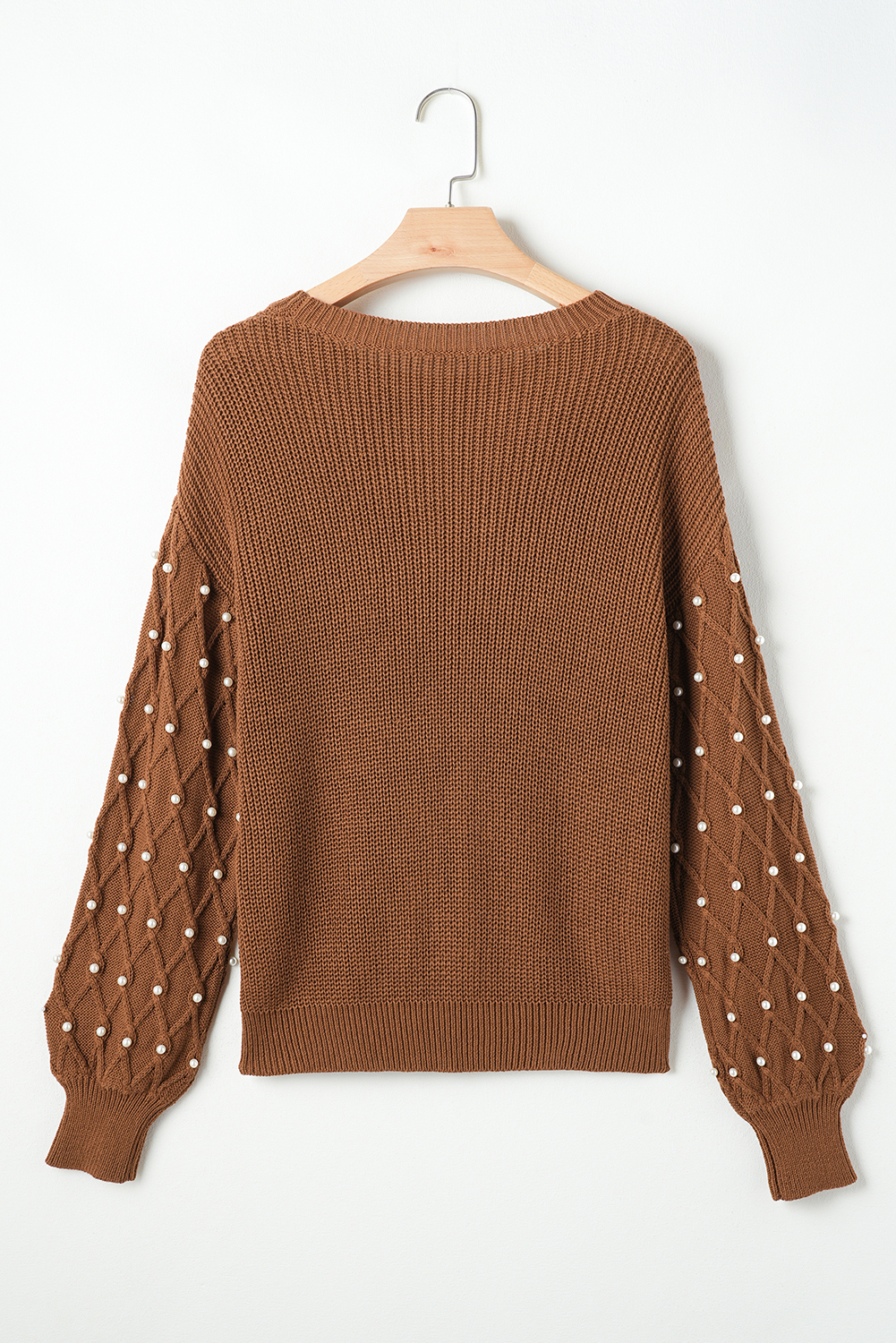 Chestnut Beaded Drop Shoulder Round Neck Sweater - loveforevers