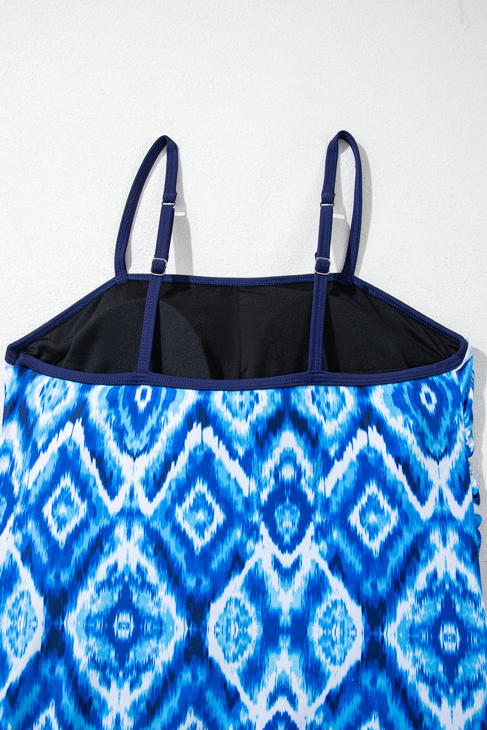 Navy Blue Abstract Print Frilled Trim Spaghetti Straps Tankini Set - loveforevers
