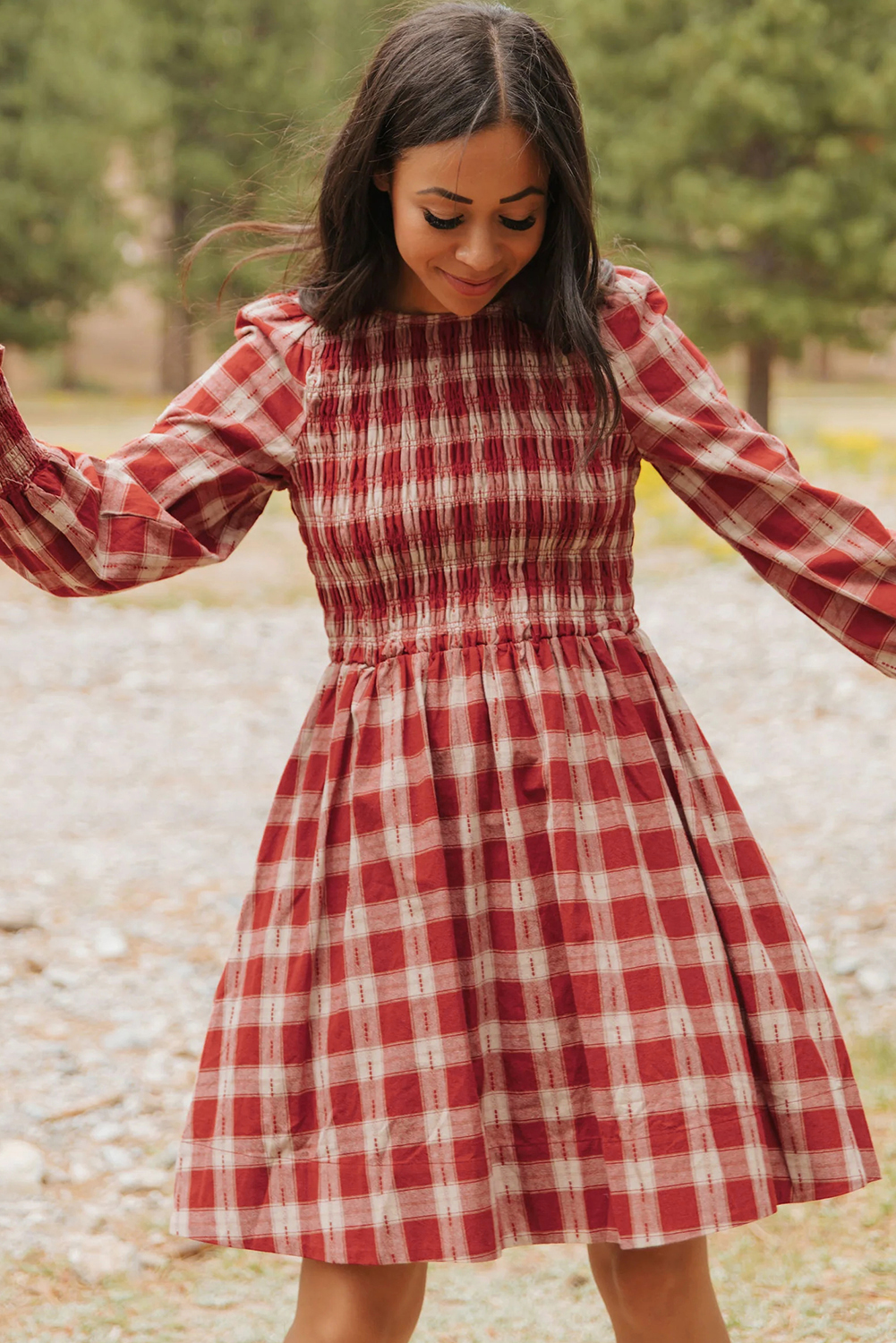 Red Plaid Print Smocked Puff Sleeve Mini Dress - loveforevers
