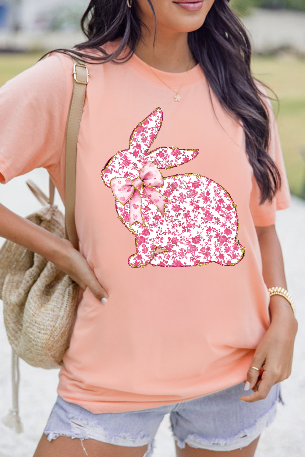 Pink Floral Bow Bunny Graphic Tee - loveforevers