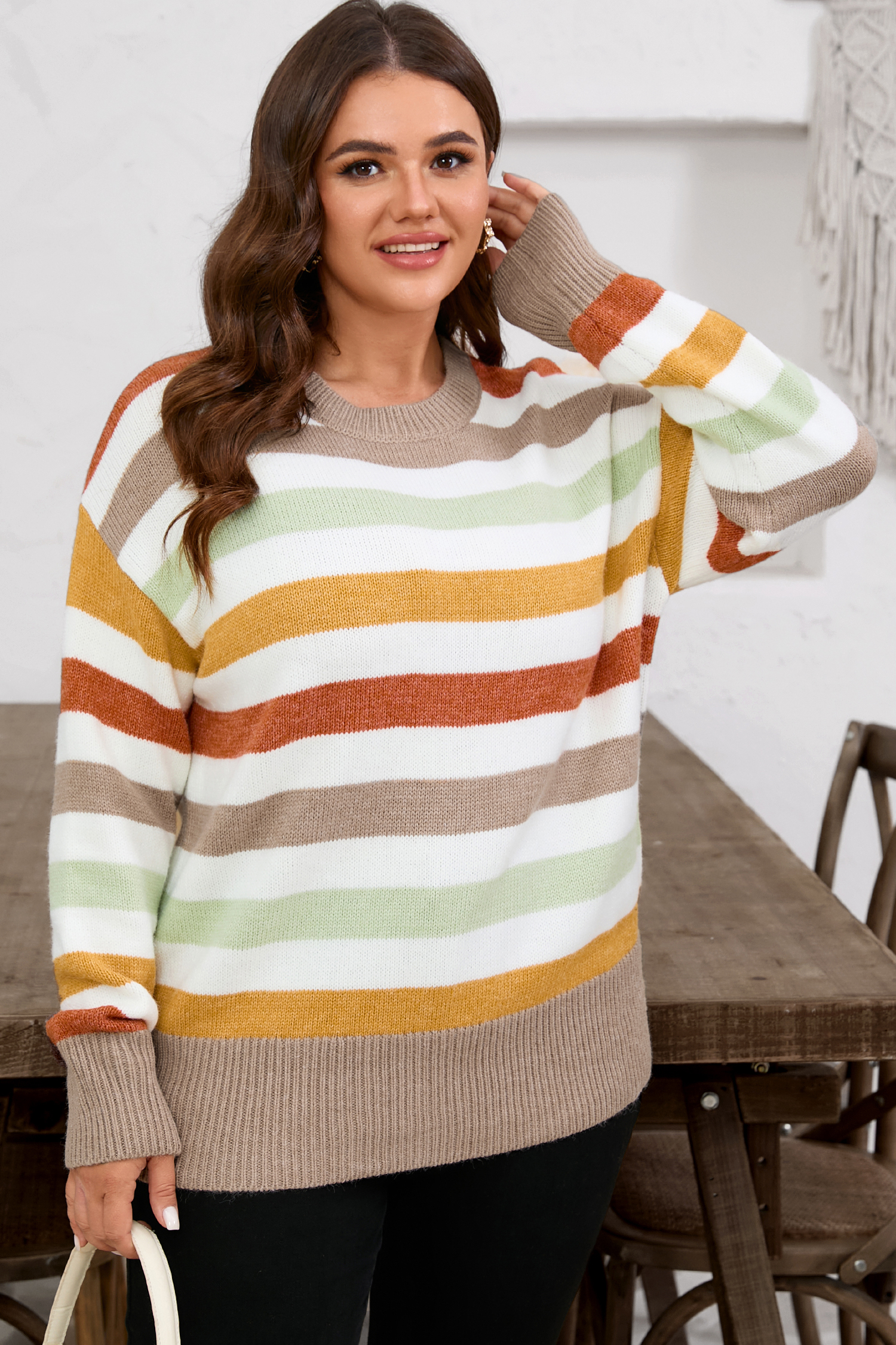 Multicolour Stripe Drop Shoulder Crew Neck Sweater - loveforevers