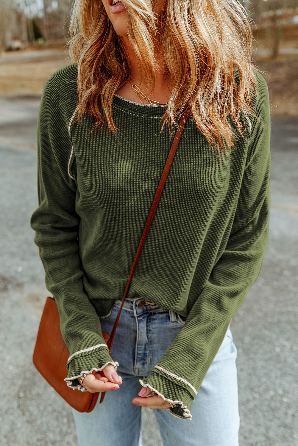 Smoke Gray Textured Round Neck Long Sleeve Top - loveforevers
