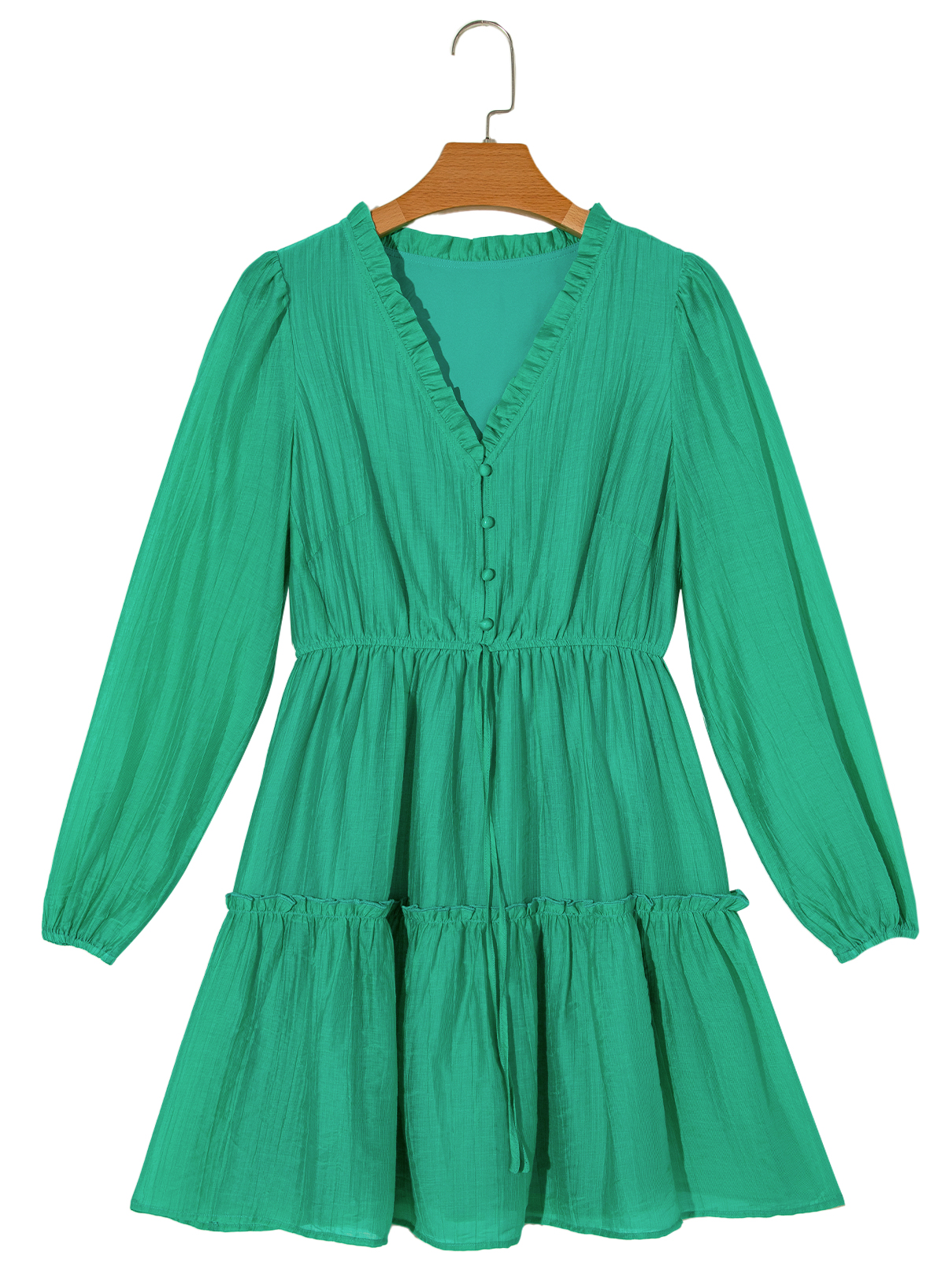 Sea Green Frilly V Neck Puff Sleeve Drawstring Shift Mini Dress - loveforevers