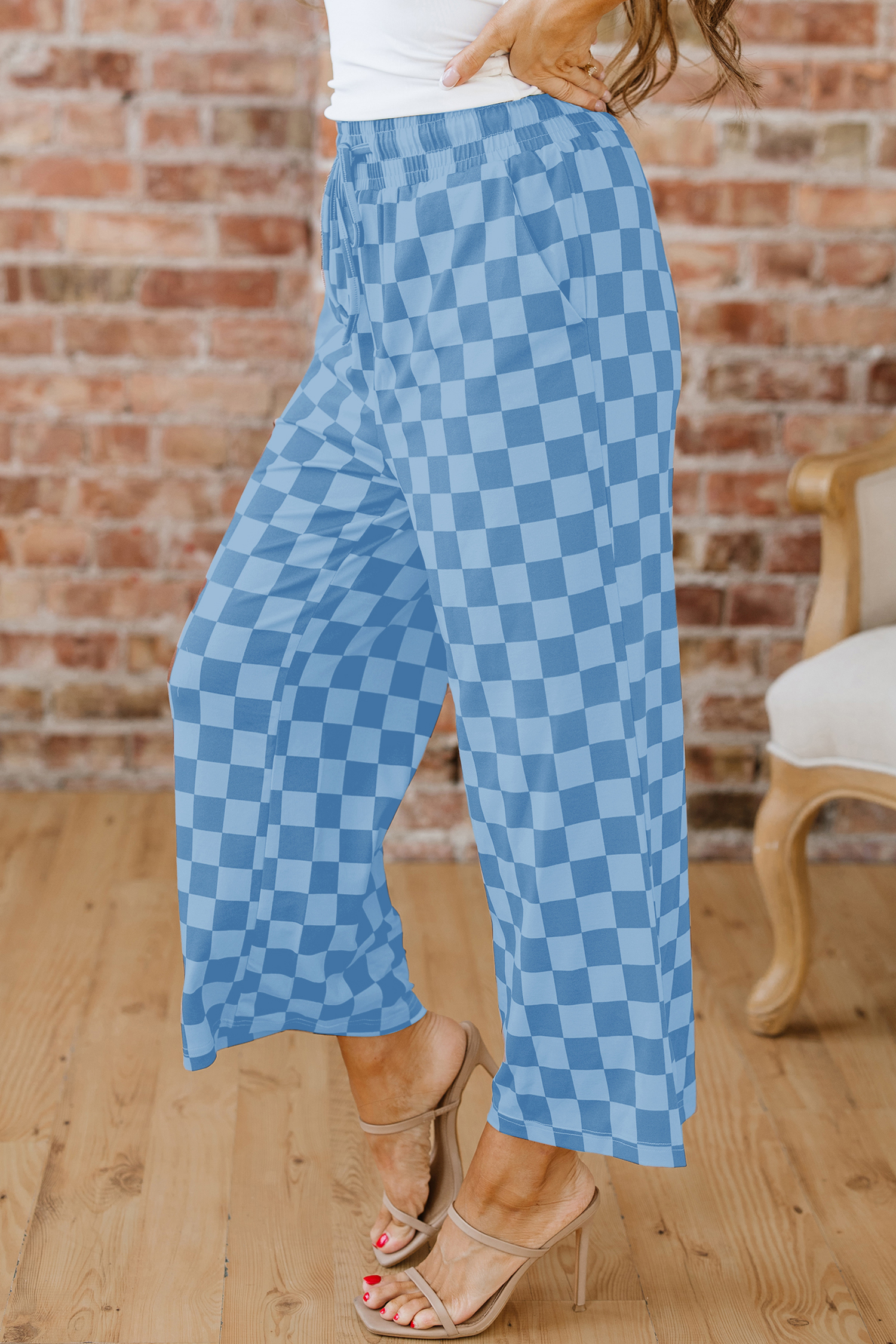 Khaki Checkered Elastic High Waist Loose Casual Pants - loveforevers