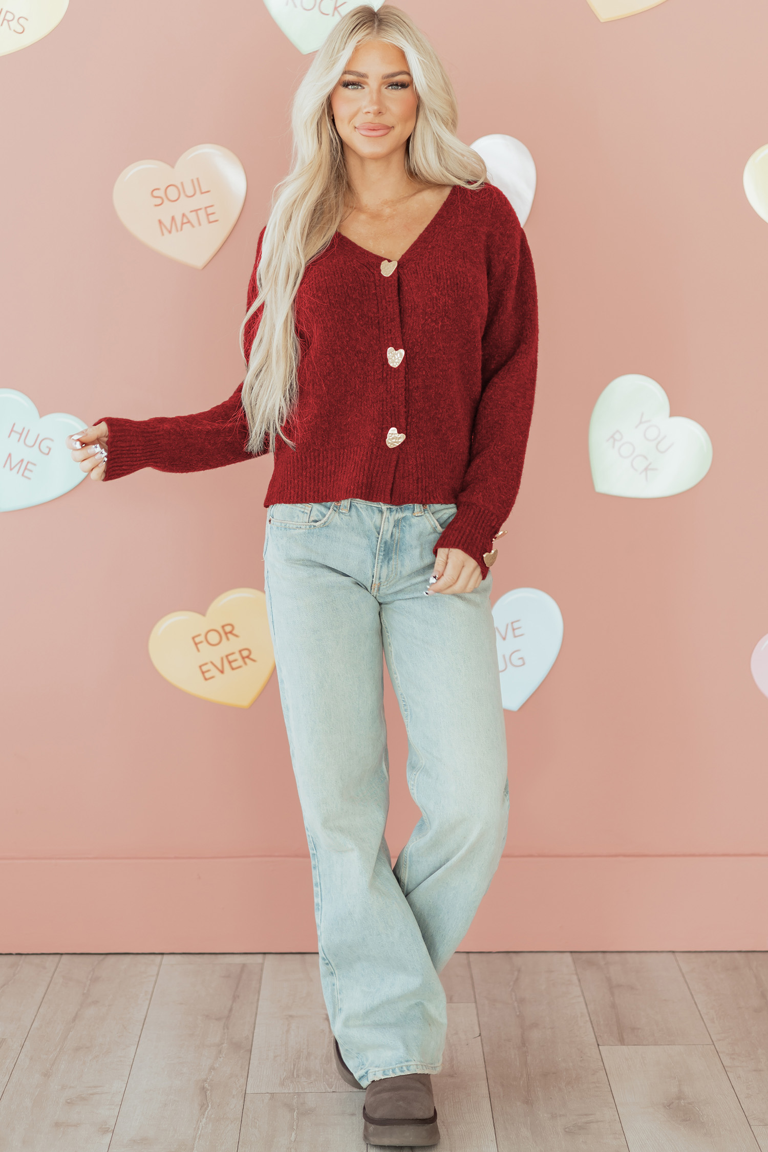 Fiery Red Heart Metal Button V Neck Cardigan Sweater - loveforevers