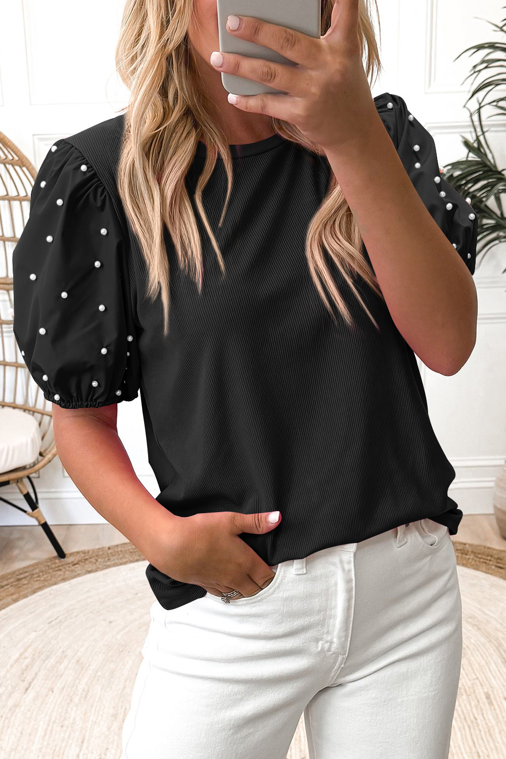 Black Ribbed Pearl Beaded Puff Sleeve Top - loveforevers