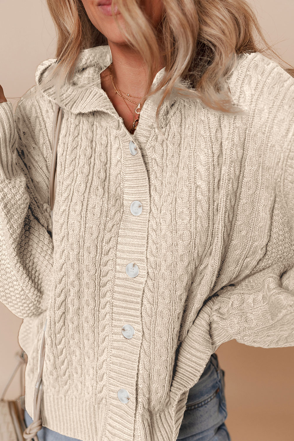 White Cable Knit Texture Uneven Hem Hooded Chic Cardigan - loveforevers