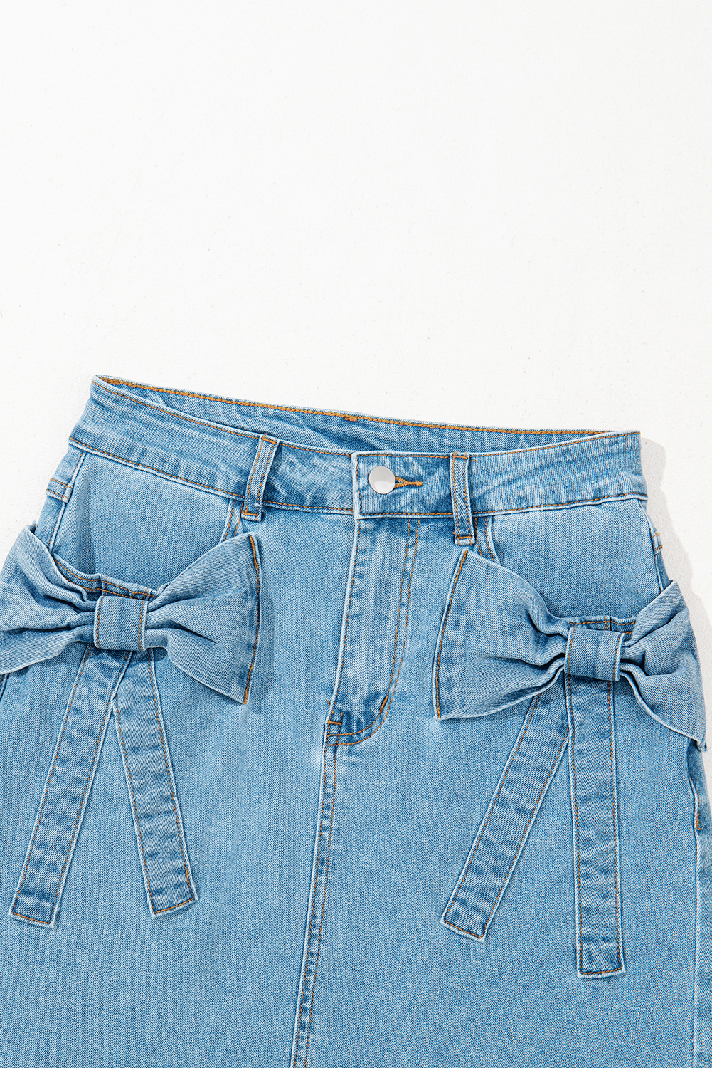 Dusk Blue Acid Wash Bowknot Details High Waist Denim Skirt - loveforevers