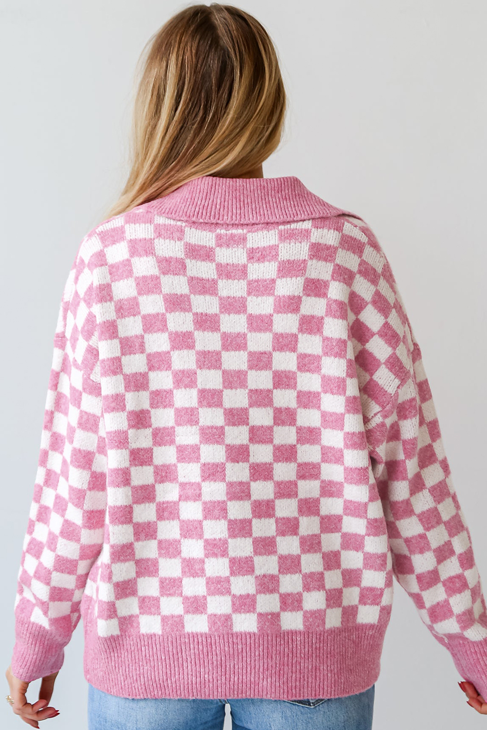 Pink Checkered Buttons Collar V Neck Drop Shoulder Sweater - loveforevers