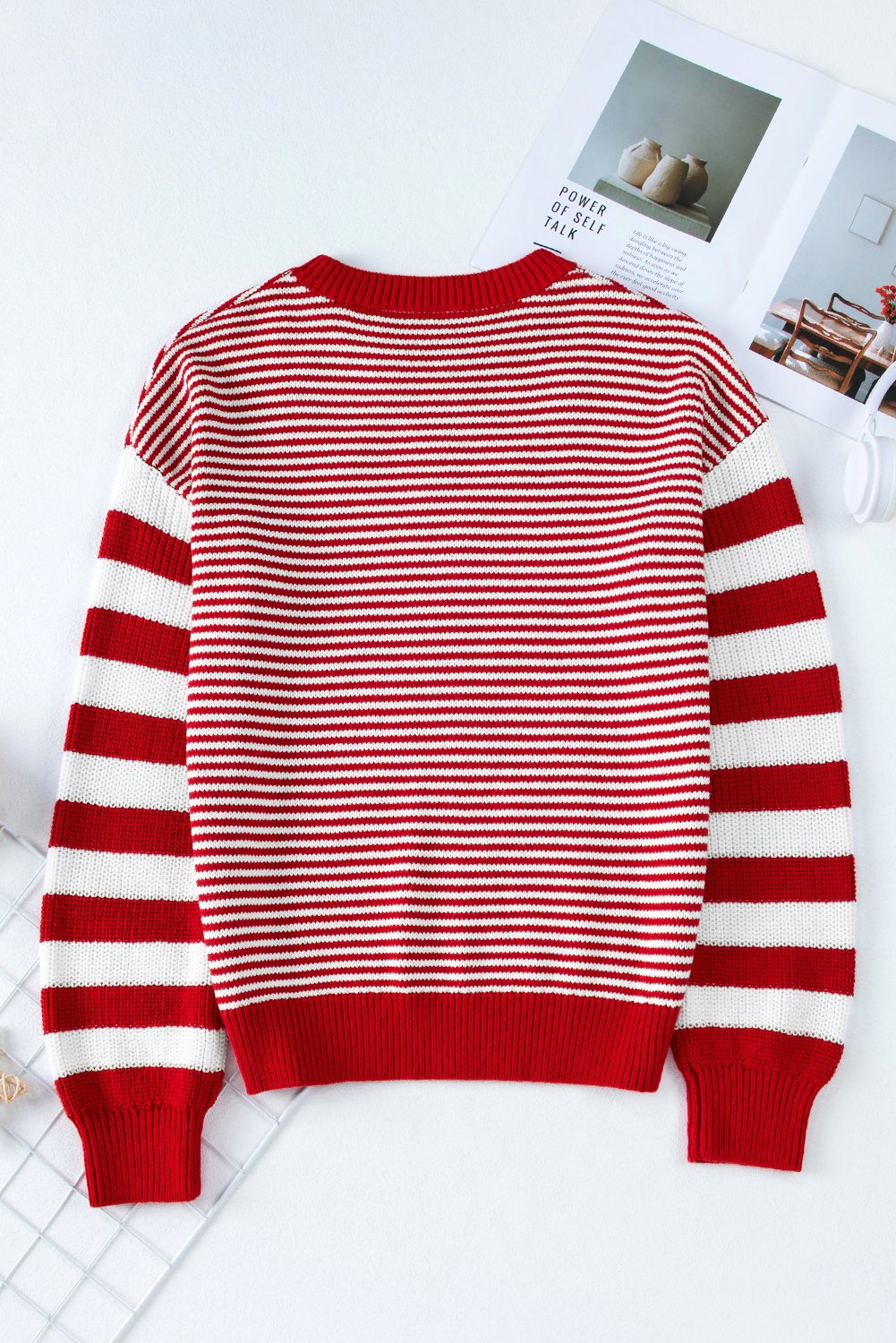 Gray Stripe Geometric Textured Drop Shoulder Sweater - loveforevers