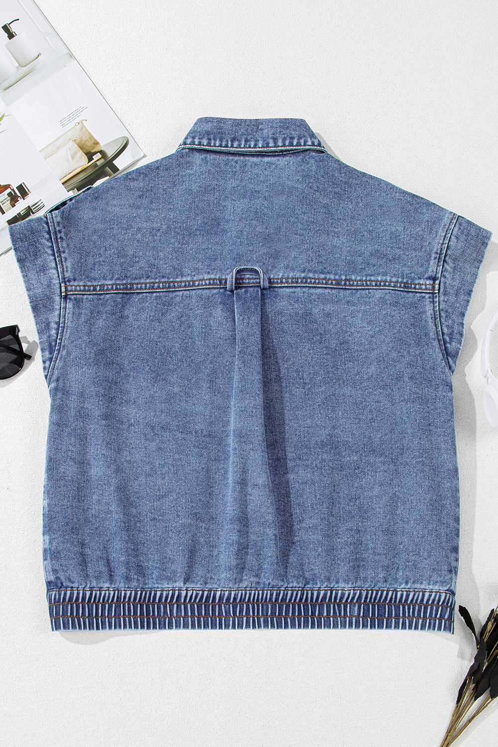 Ashleigh Blue Acid Wash Elastic Hem Button Up Denim Vest - loveforevers