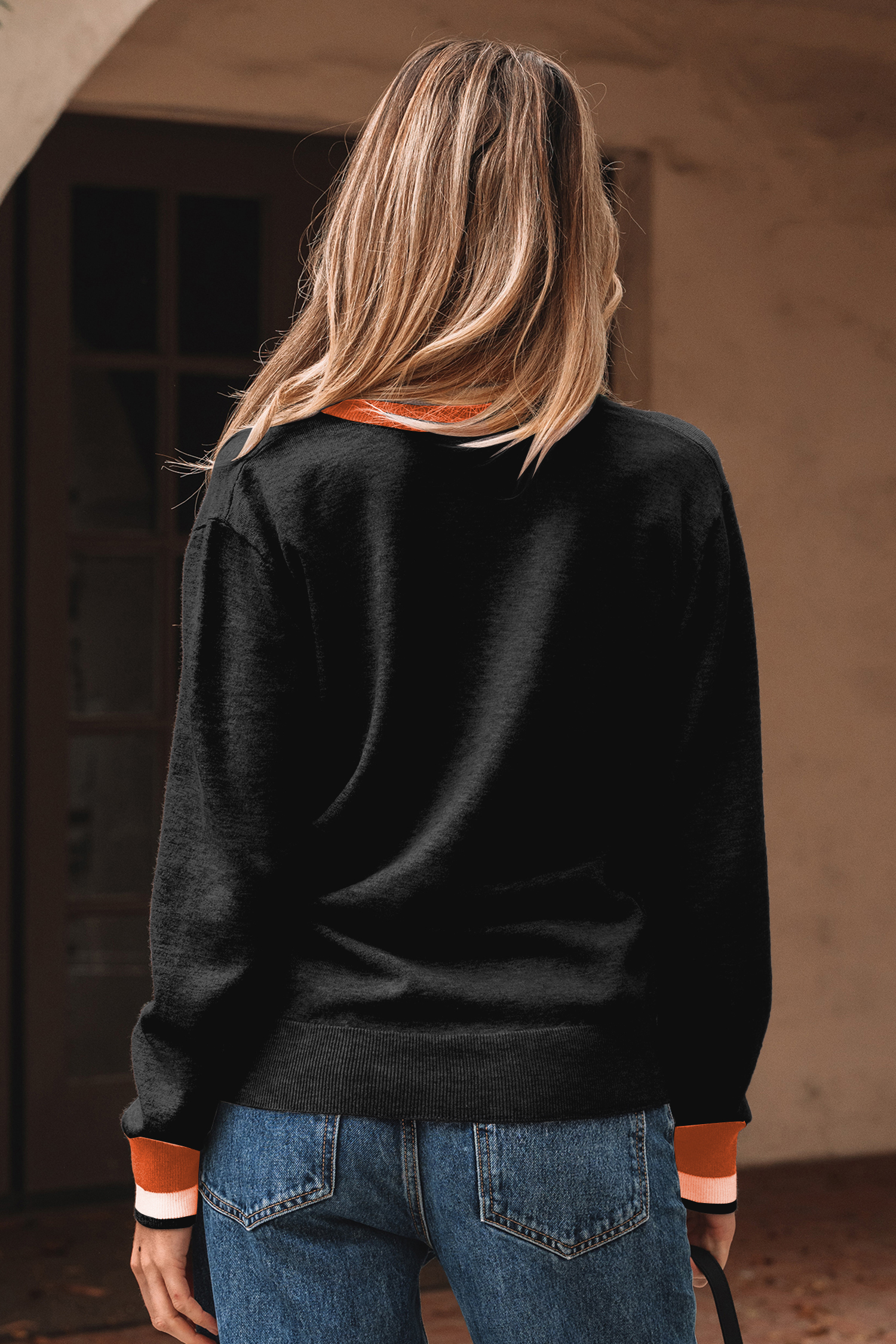 Black Contrast Striped Trim V Neck Varsity Sweater - loveforevers