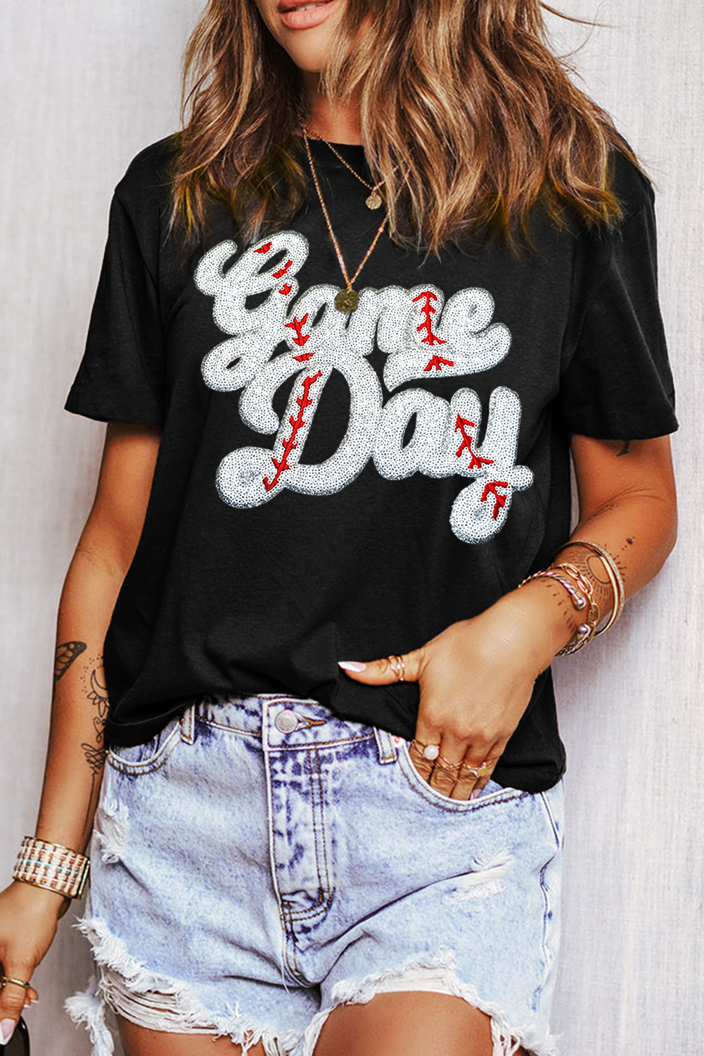 Black Sequin Game Day Graphic Crew Neck Tee - loveforevers