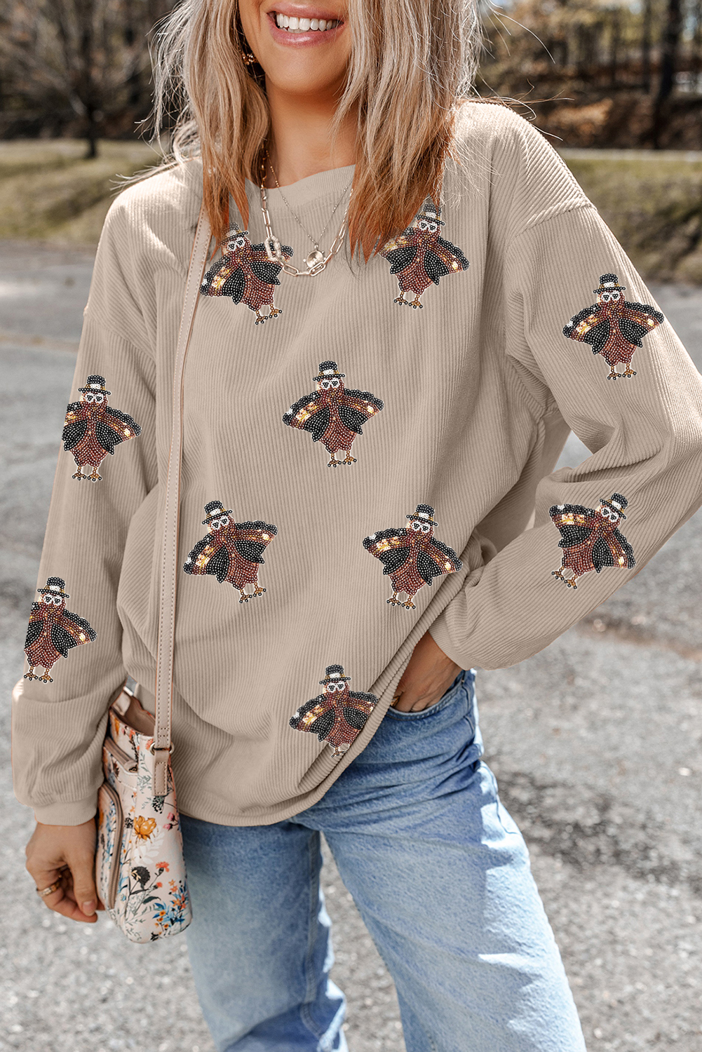 Smoke Gray Twisted Ribbed Sequined Thanksgiving Turkey Graphic Baggy Sweatshirt - loveforevers