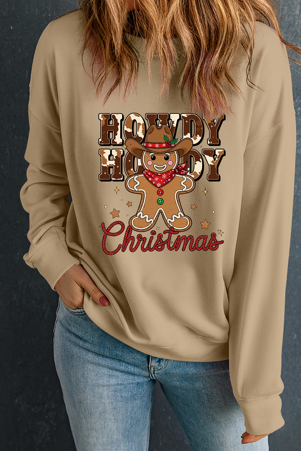 Khaki Howdy Christmas Western Gingerbread Man Pullover Sweatshirt - loveforevers