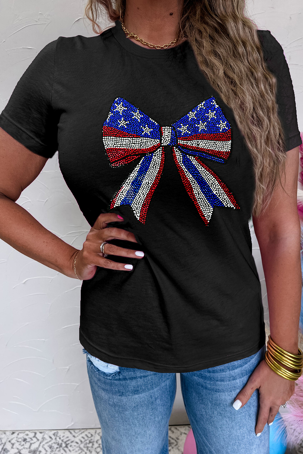 Black Rhinestone Stars and Stripes Bow Graphic Independence Day T Shirt - loveforevers