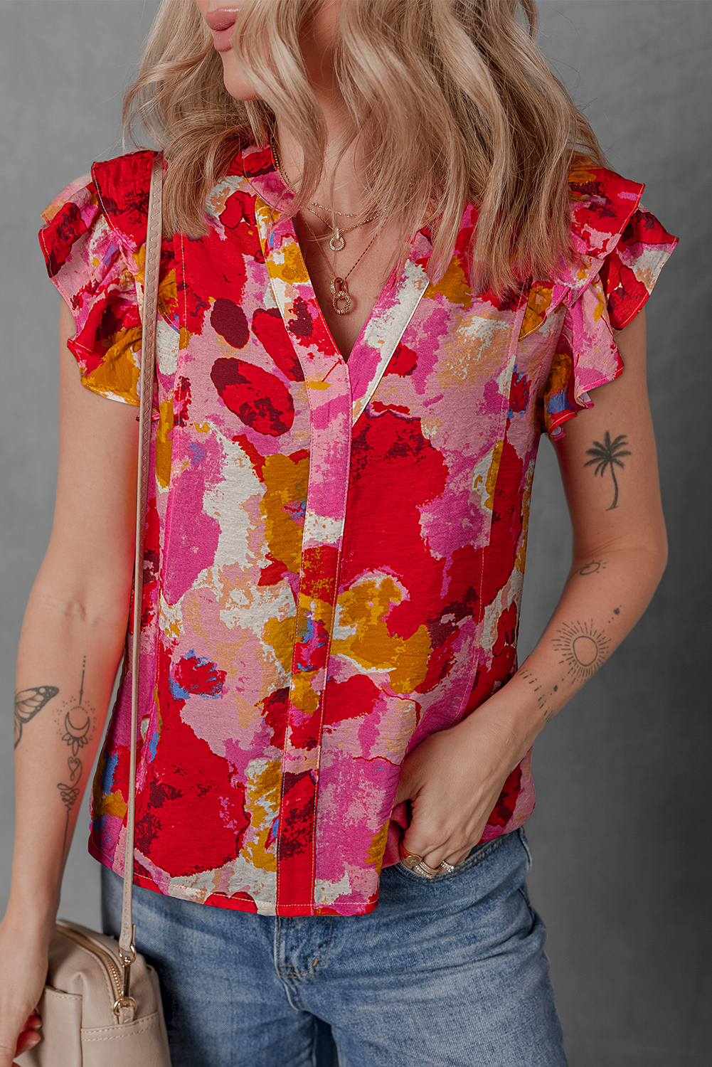 Red Abstract Print Split V Neck Ruffle Short Sleeve Blouse - loveforevers