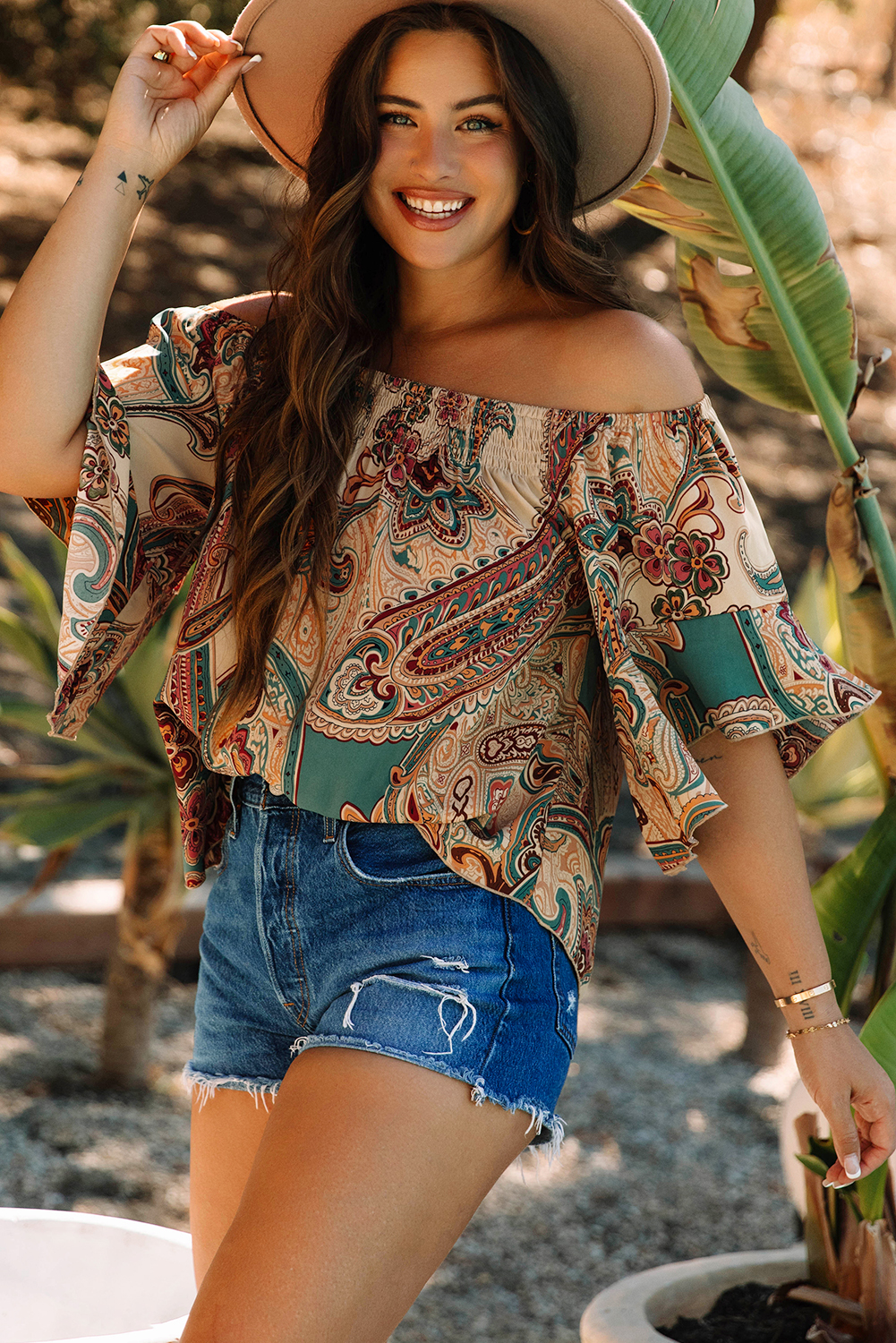 Apricot Paisley Printed Shirred Off Shoulder Ruffled Draped Sleeve Blouse - loveforevers