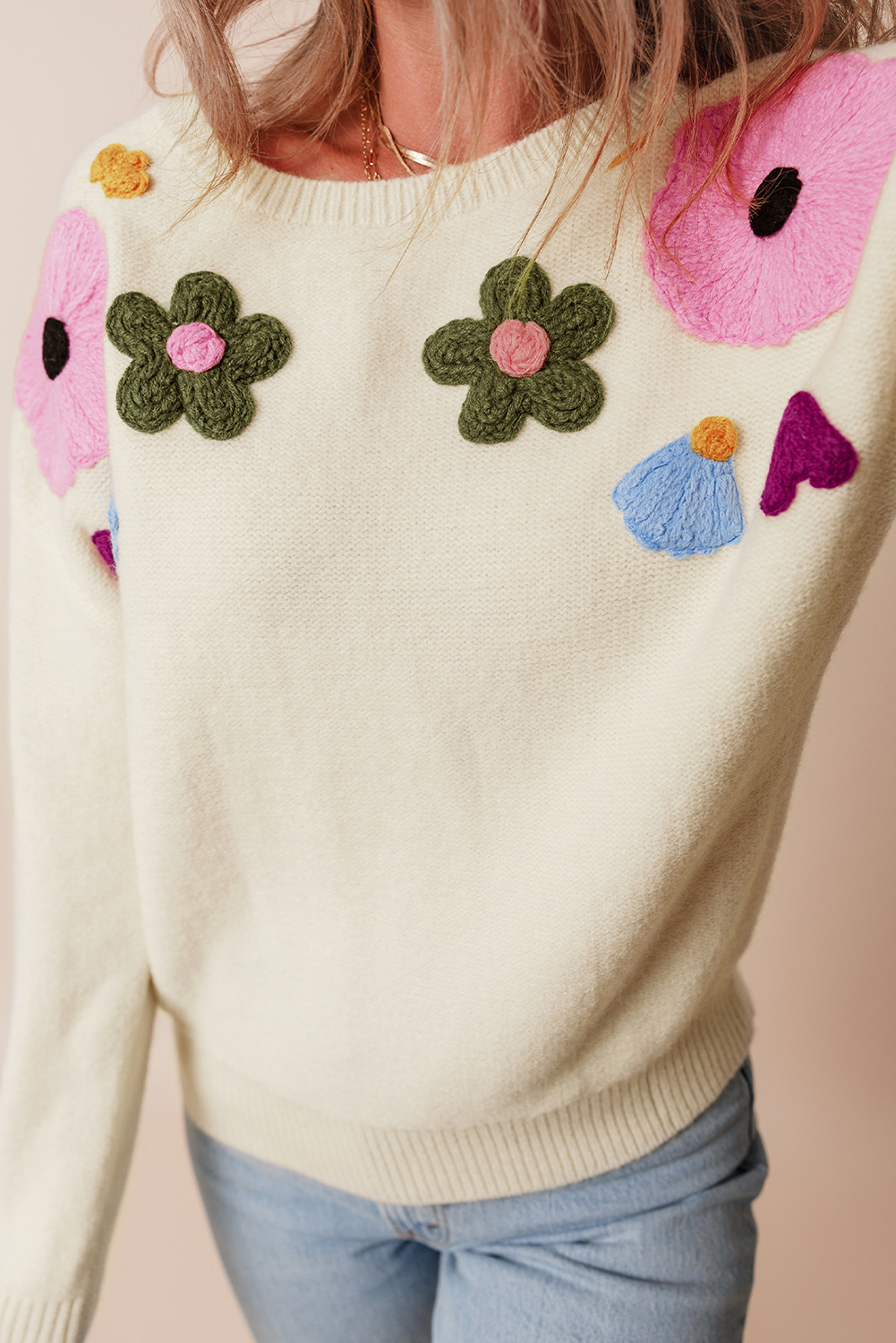 Pink Knitted Flower Pattern Ribbed Edge Sweater - loveforevers