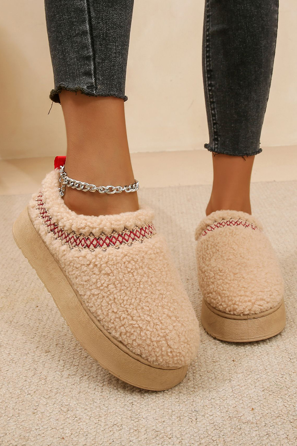 Oatmeal Embroidered Sherpa Plush Thick Sole Snow Boots - loveforevers