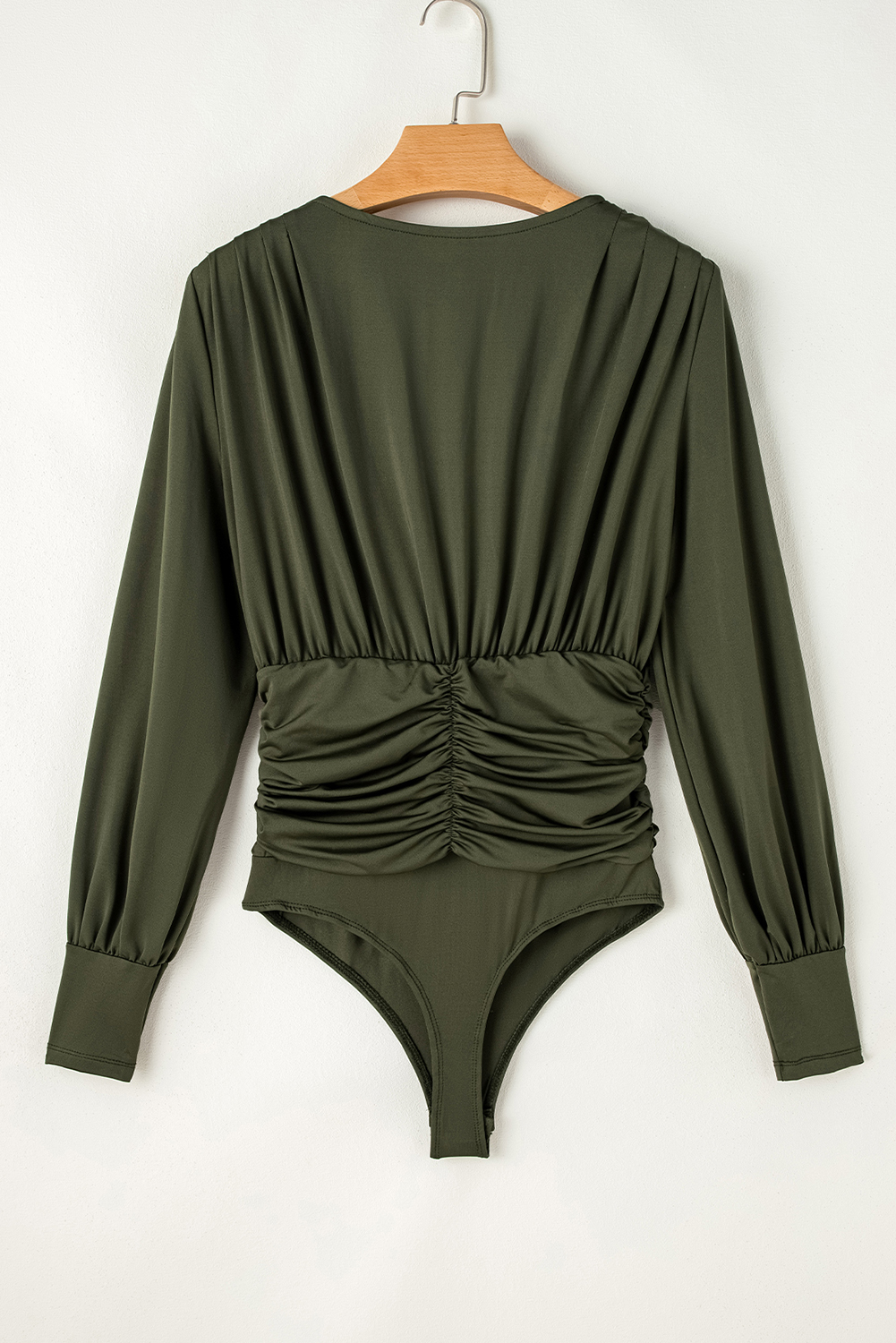 Moss Green Ruched Wrap V Neck Long Sleeve Bodysuit - loveforevers