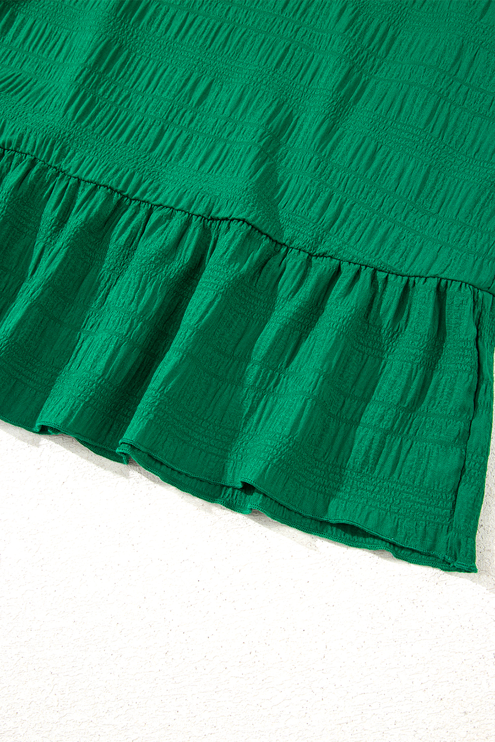 Dark Green Textured Ruffled Sleeve Round Neck Top - loveforevers