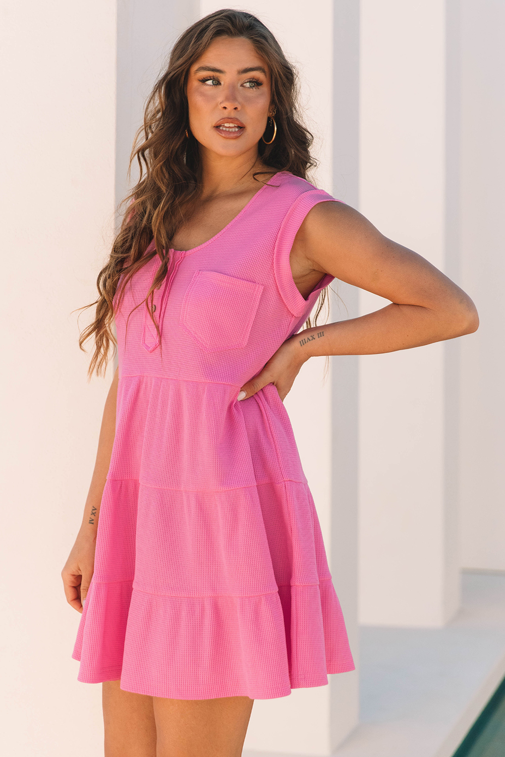 Bright Pink Waffle Textured Button Round Neck A-line Tiered Sleeveless Dress - loveforevers