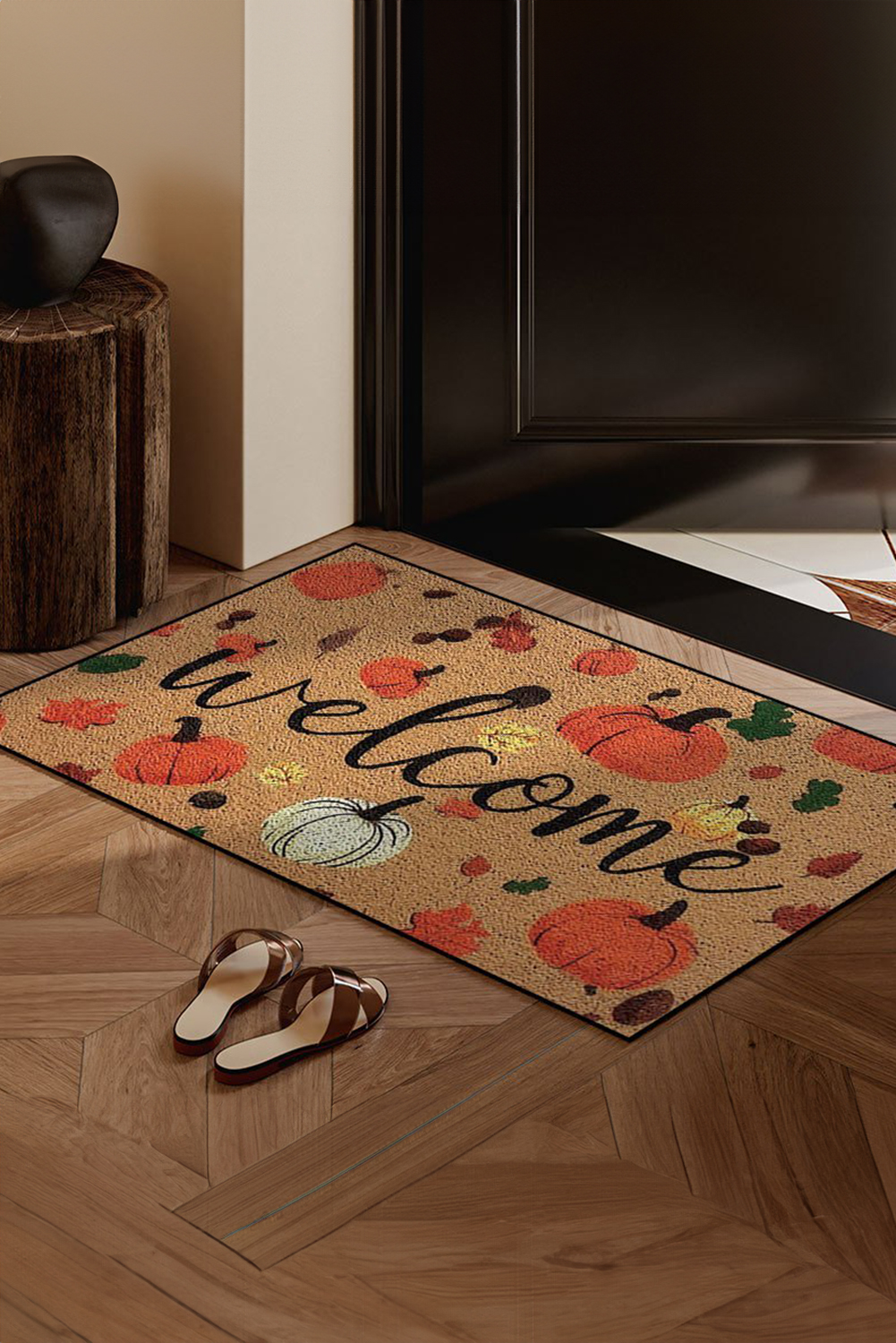 Thai Curry Welcome Fall Pumpkin Leaf Pattern Plush Entrance Mat - loveforevers