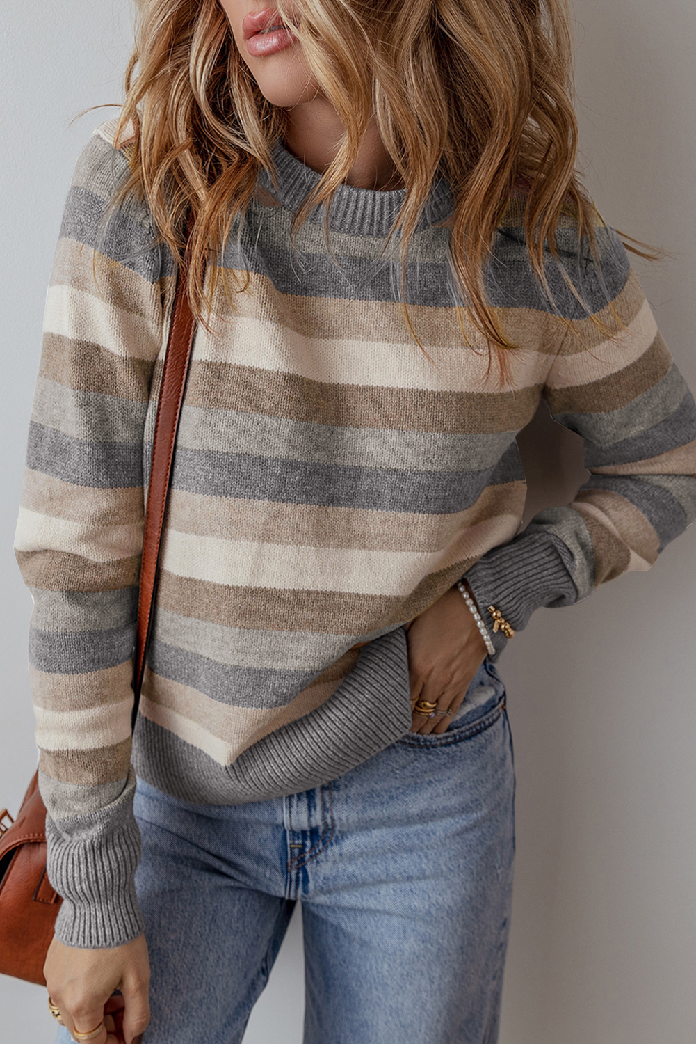 Gray Stripe Color Block Ribbed Edge Round Neck Sweater - loveforevers