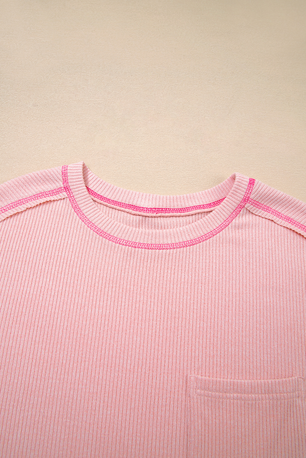 Bonbon Ribbed Exposed Seam Round Neck Chest Pocket Plus Knit Top - loveforevers