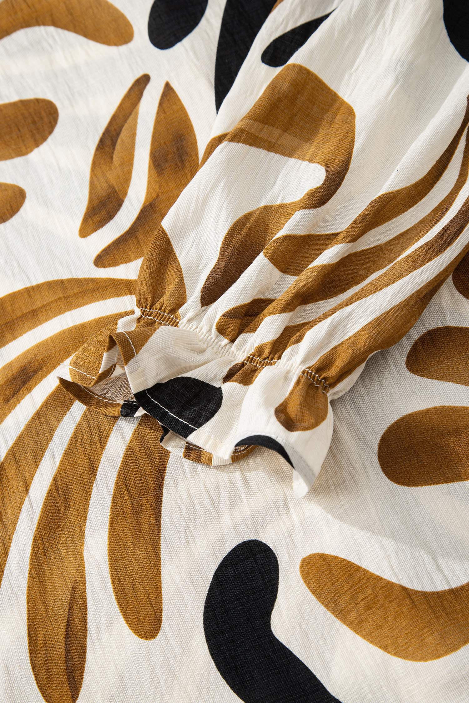 Brown Tropical Printed Contrast Trim Neck Long Sleeve Ruffle Hem Dress - loveforevers