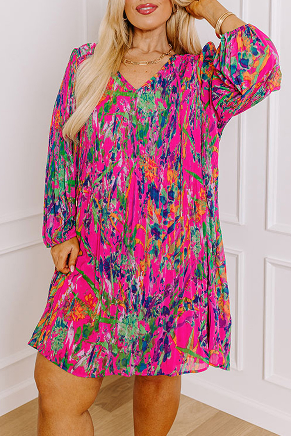 Rose Plus Size Abstract Floral Print Pleated Loose Dress - loveforevers