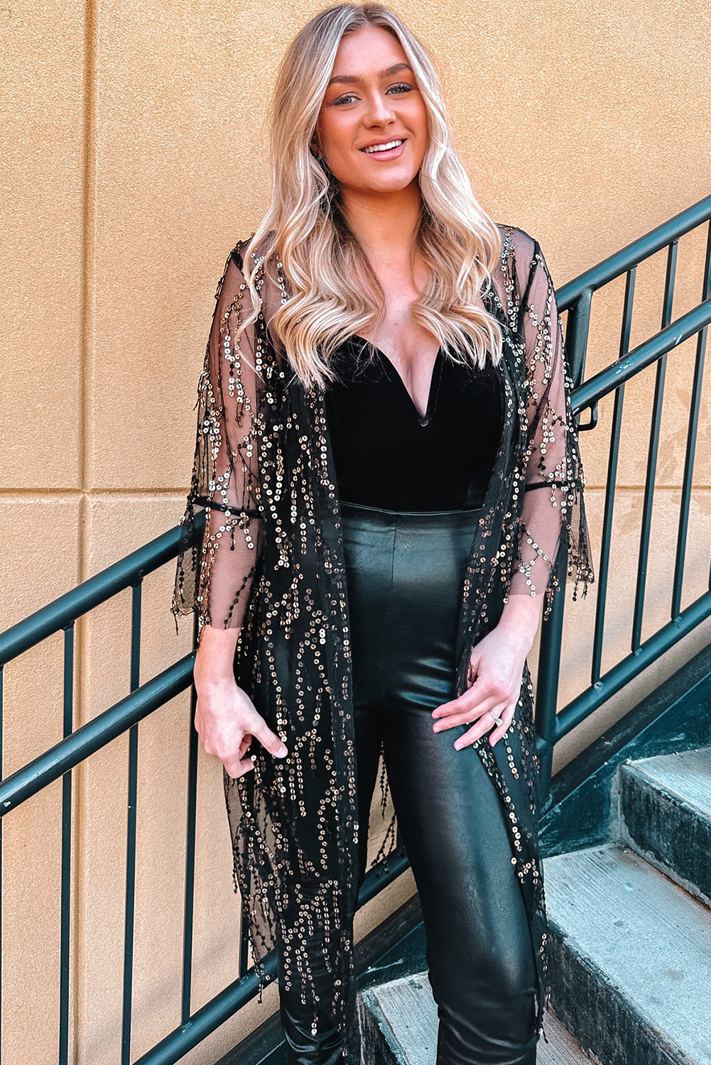 Black Sequin Sheer Long Sleeve Open Front Kimono - loveforevers