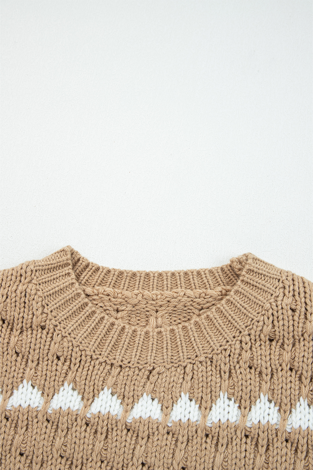 Pale Khaki Contrast Detail Textured Knit Puff Sleeve Baggy Sweater - loveforevers