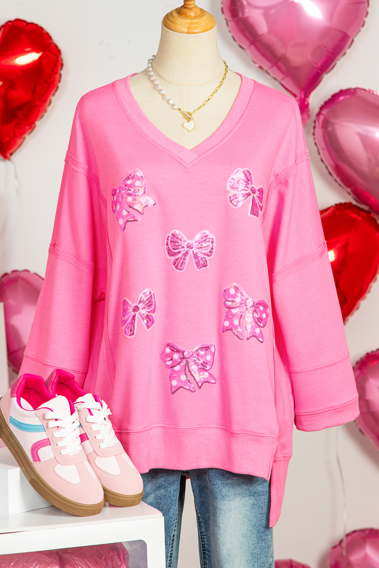 Bonbon Sequined Bow Patched Exposed Seam Bracelet Sleeve High Low T Shirt - loveforevers