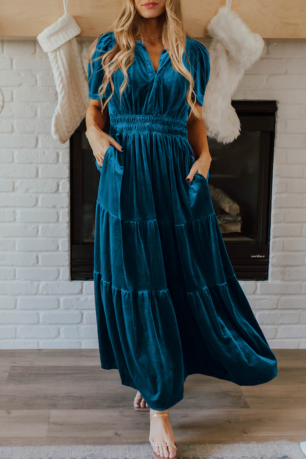 Prussian Blue Velvet Short Sleeve Shirred Waist Tiered Maxi Dress - loveforevers